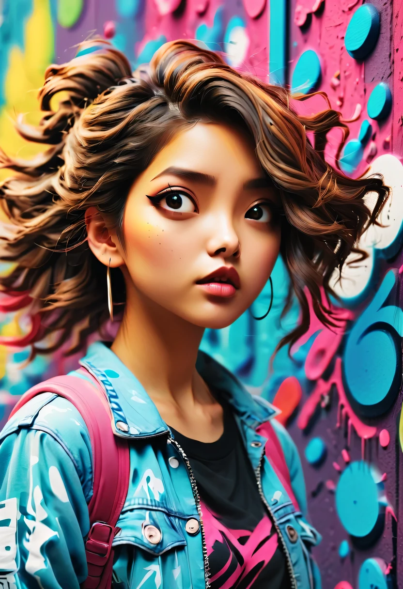 Graffiti漫画，Graffiti, wall, whole picture, high resolution和高对比度,simple,girl，(best quality,high resolution,masterpiece:1.2),super detailed,actual, high dynamic range,studio lighting,Physically based rendering,bright colors,[Street art],portrait,[comic style],urban style,urban chic,city View,Graffiti覆盖的建筑物,expressive brushstrokes,[dynamic poses], [Unique facial expressions],eye-catching background,Color spray paint,mark wall,crappy texture,Detailed character design,dramatic lighting,sketchy lines,energy and movement,urban culture,modern style,Avant-garde and energetic,modern style,Vibrant color palette,sharp contrast,Street Fashion,Stylish and confident,lively scenes、Lively,sense of rebellion,[abstract elements],Pop Art Influence,imagination and creativity.