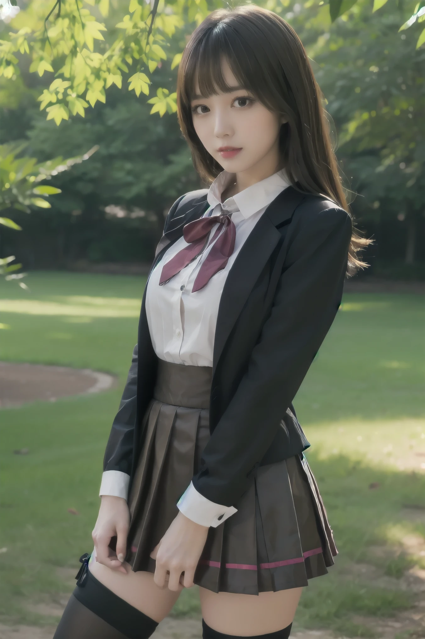 high quality 4K high resolution UHD Best quality, suit jacket blouse, Mini skirt, Knee-high Socks loafers, Park, upper body shot
