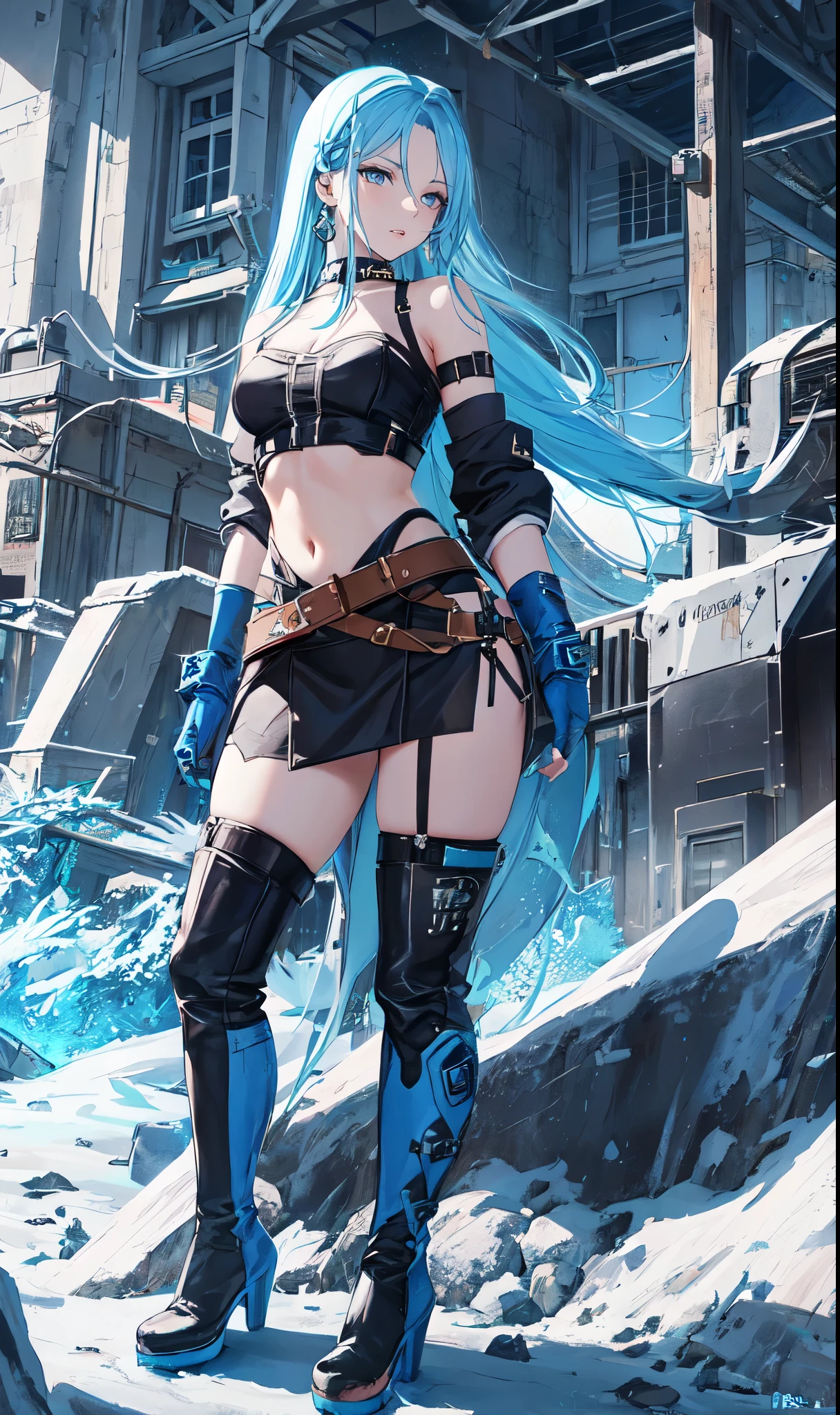 Abandoned winter industrial town background,(pure white straight hair：2.0),(blue cu rlhair end:2.0)issue card,Standing close-up,dream world,scars on face,(Slender blue phoenix eyes,pink lipstick,long eyelashes),Gloves,Short sword,choker,(Assassin&#39;s Tight Combat Suit,Torn and worn midriff-baring combat uniform,Leather miniskirt,leg rings,belt：2.0),fur tube top(choker),Over-the-knee high-heeled boots,strappy high heel boots,There are many straps on the legs,Detailed drawn background