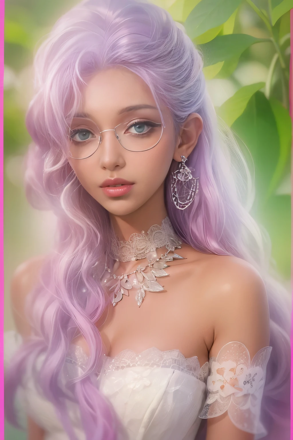 (masterpiece, best quality:1.2),long hair，Eyes are exquisite and exquisite,Exquisite white hair color，Pink lace suspender dress，glowing skin，dark skin，indian princess，wear glasses ，earrings，pastel tones，（（（masterpiece）））， （（best quality））， （（intricate details））， （（Surreal））