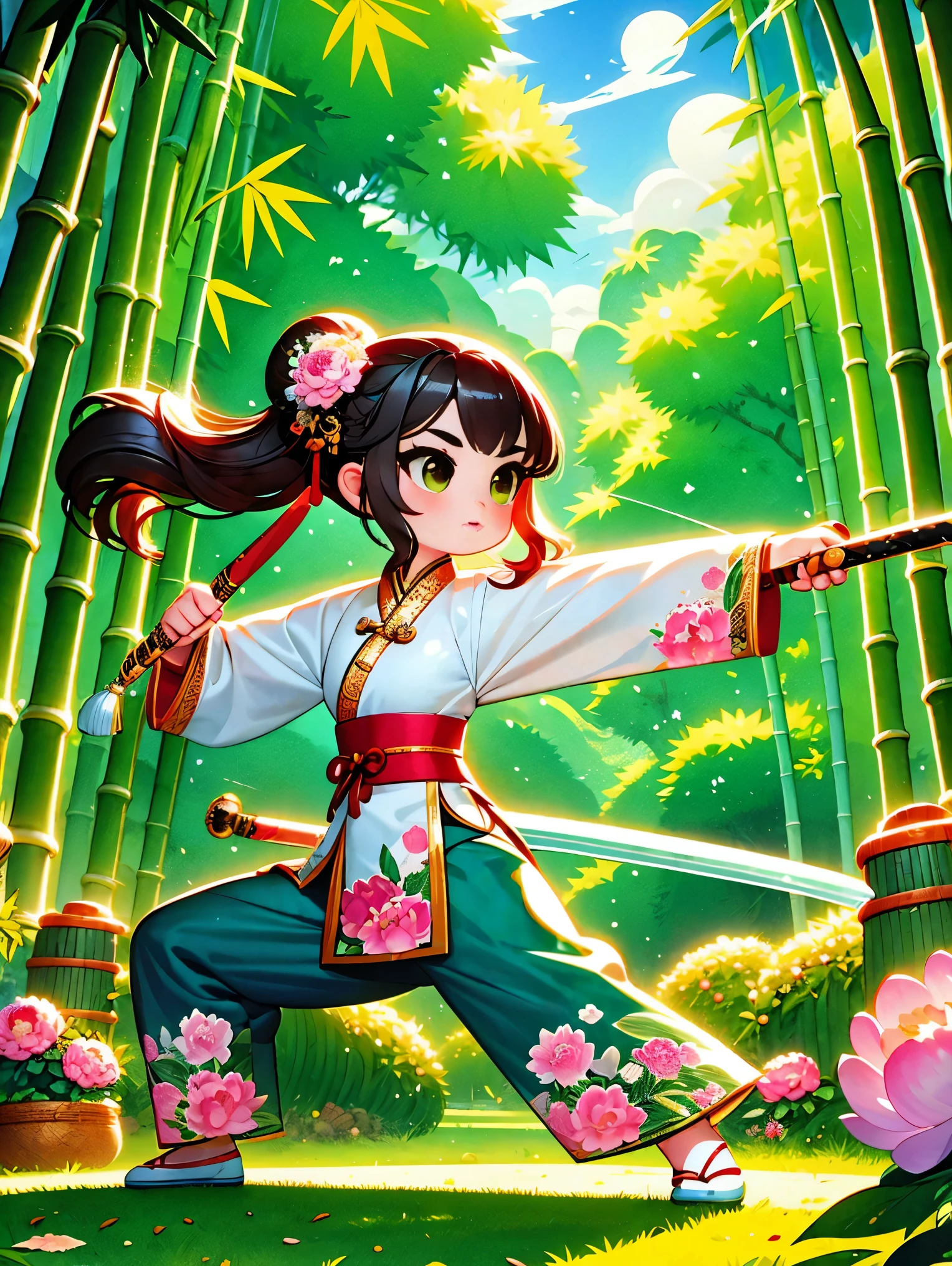 cute cartoon,中国martial arts,vector illustration,1 girl,bamboo forest,martial arts,The posture is full of vitality,Holding a long sword,The costumes are brightly colored,style traditional,Featuring peonies and waves,bamboo forest环境幽静,Lush,tall bamboo stalks,The sun shines dappled sunlight through the leaves,open space,driving range,(UHD, anatomically correct, masterpiece, ccurate, best quality, 8k), Vector martial arts illustration