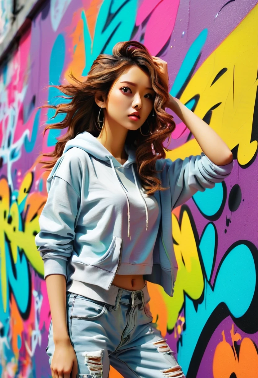 Graffiti漫画，Graffiti, wall, whole picture, high resolution和高对比度,simple,girl，(best quality,high resolution,masterpiece:1.2),super detailed,actual, high dynamic range,studio lighting,Physically based rendering,bright colors,[Street art],portrait,[comic style],urban style,urban chic,city View,Graffiti覆盖的建筑物,expressive brushstrokes,[dynamic poses], [Unique facial expressions],eye-catching background,Color spray paint,mark wall,crappy texture,Detailed character design,dramatic lighting,sketchy lines,energy and movement,urban culture,modern style,Avant-garde and energetic,modern style,Vibrant color palette,sharp contrast,Street Fashion,Stylish and confident,lively scenes、Lively,sense of rebellion,[abstract elements],Pop Art Influence,imagination and creativity.