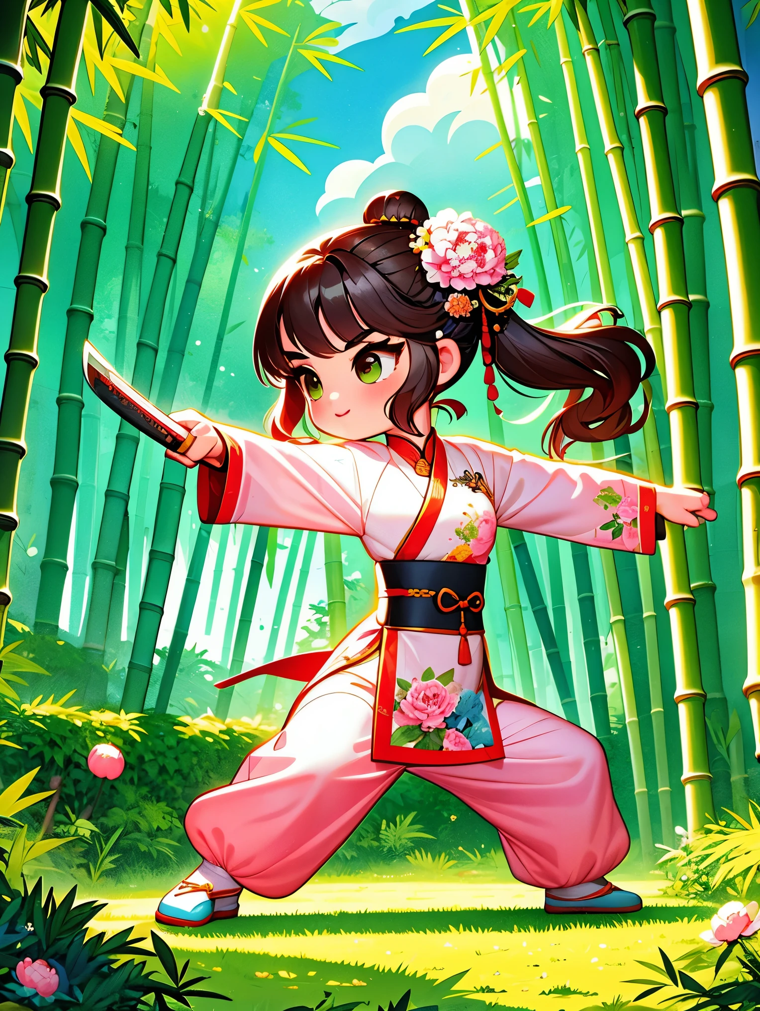 cute cartoon，中国martial arts，vector illustration，1 girl，bamboo forest，martial arts，The posture is full of vitality，Holding a long sword，The costumes are brightly colored，style traditional，Featuring peonies and waves，bamboo forest环境幽静，Lush，tall bamboo stalks，The sun shines dappled sunlight through the leaves，open space，driving range，(UHD, anatomically correct, masterpiece, ccurate, best quality, 8k), Vector martial arts illustration