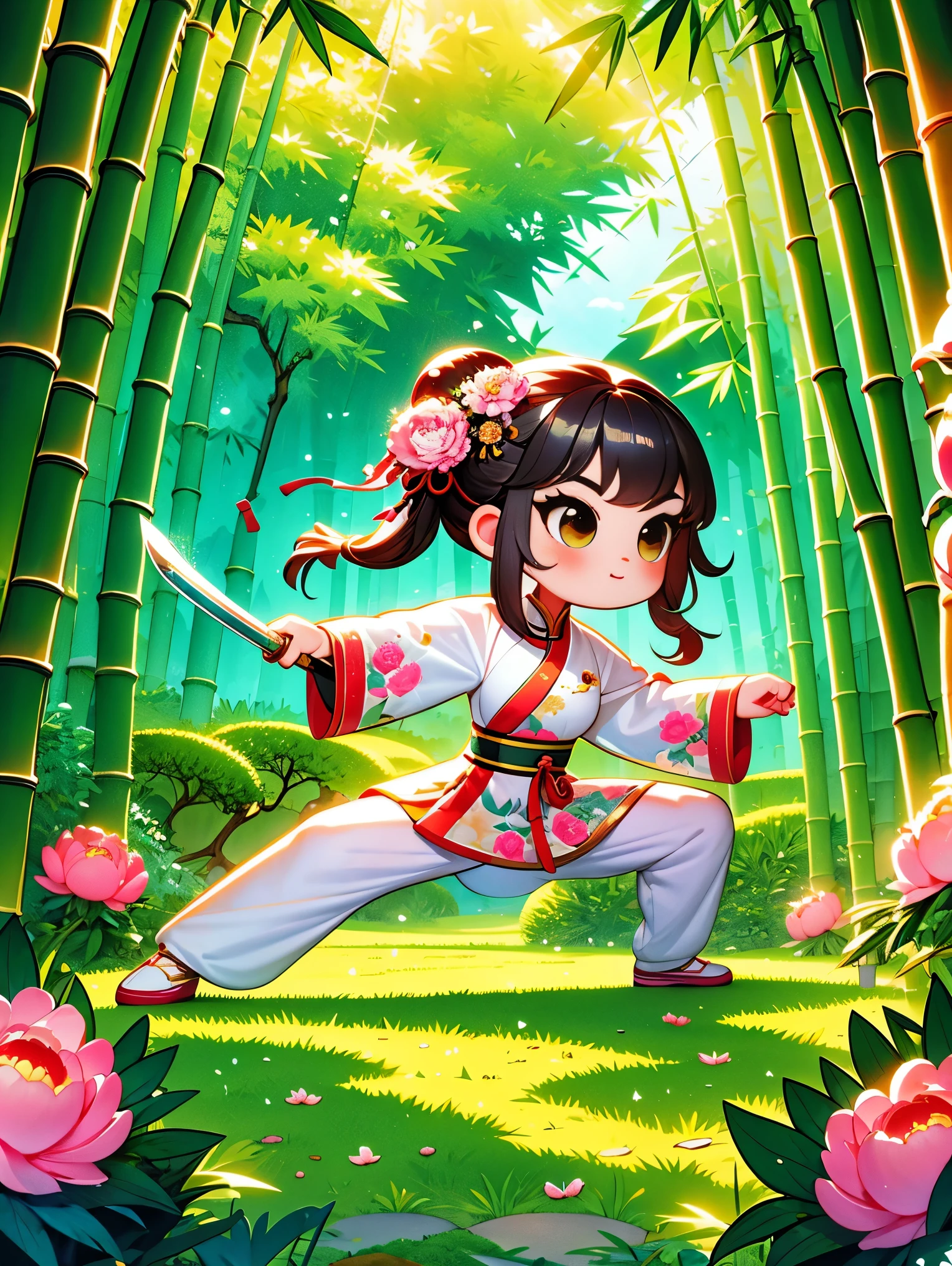 cute cartoon,中国martial arts,vector illustration,1 girl,bamboo forest,martial arts,The posture is full of vitality,Holding a long sword,The costumes are brightly colored,style traditional,Featuring peonies and waves,bamboo forest环境幽静,Lush,tall bamboo stalks,The sun shines dappled sunlight through the leaves,open space,driving range,(UHD, anatomically correct, masterpiece, ccurate, best quality, 8k), Vector martial arts illustration