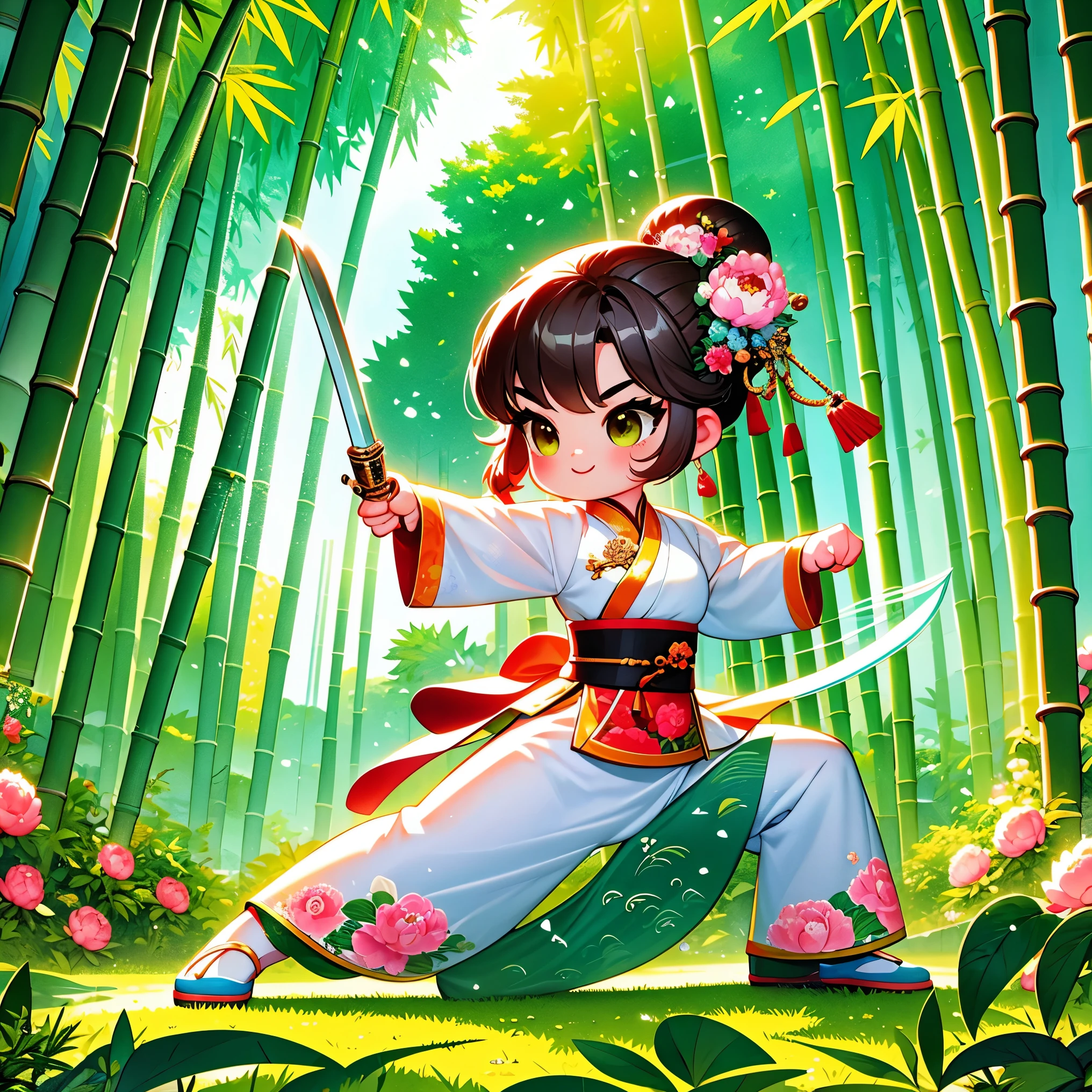 cute cartoon,中国martial arts,vector illustration,1 girl,bamboo forest,martial arts,The posture is full of vitality,Holding a long sword,The costumes are brightly colored,style traditional,Featuring peonies and waves,bamboo forest环境幽静,Lush,tall bamboo stalks,The sun shines dappled sunlight through the leaves,open space,driving range,(UHD, anatomically correct, masterpiece, ccurate, best quality, 8k), Vector martial arts illustration