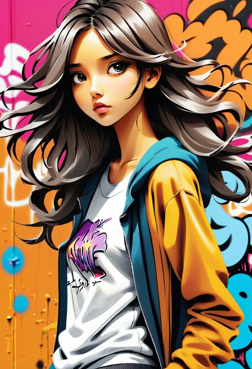 Graffiti漫画，Graffiti, wall, whole picture, High resolution and high contrast,simple,girl
