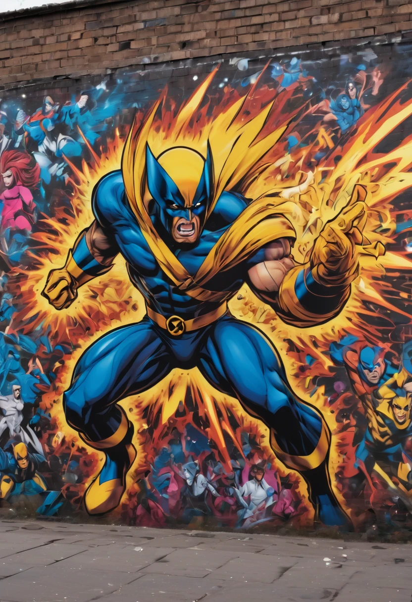 (masterpiece, best quality), magical Graffiti Comics, on a big building, X-Men, ultra detail,