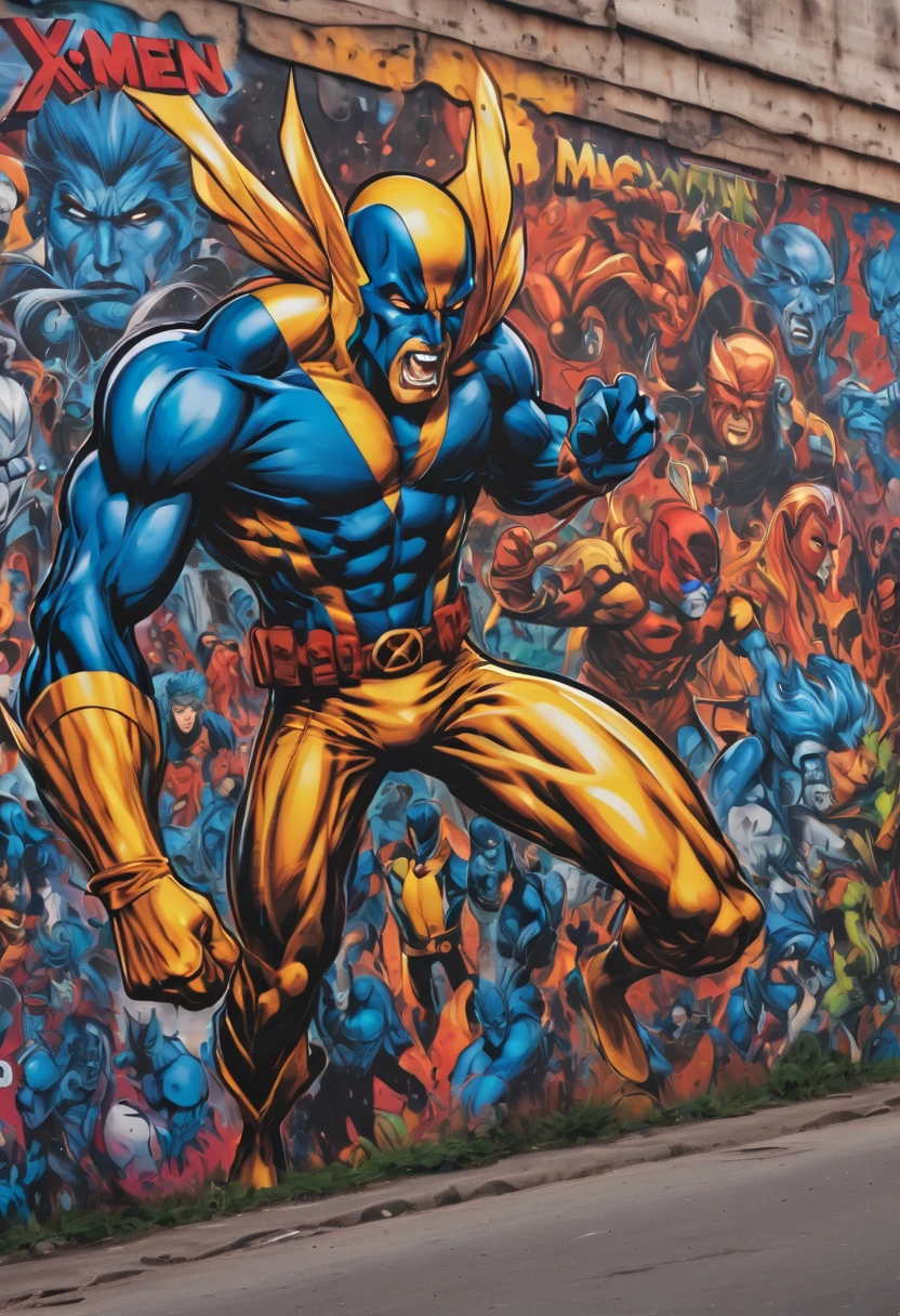(masterpiece, best quality), magical Graffiti Comics, on a big building, X-Men, ultra detail,