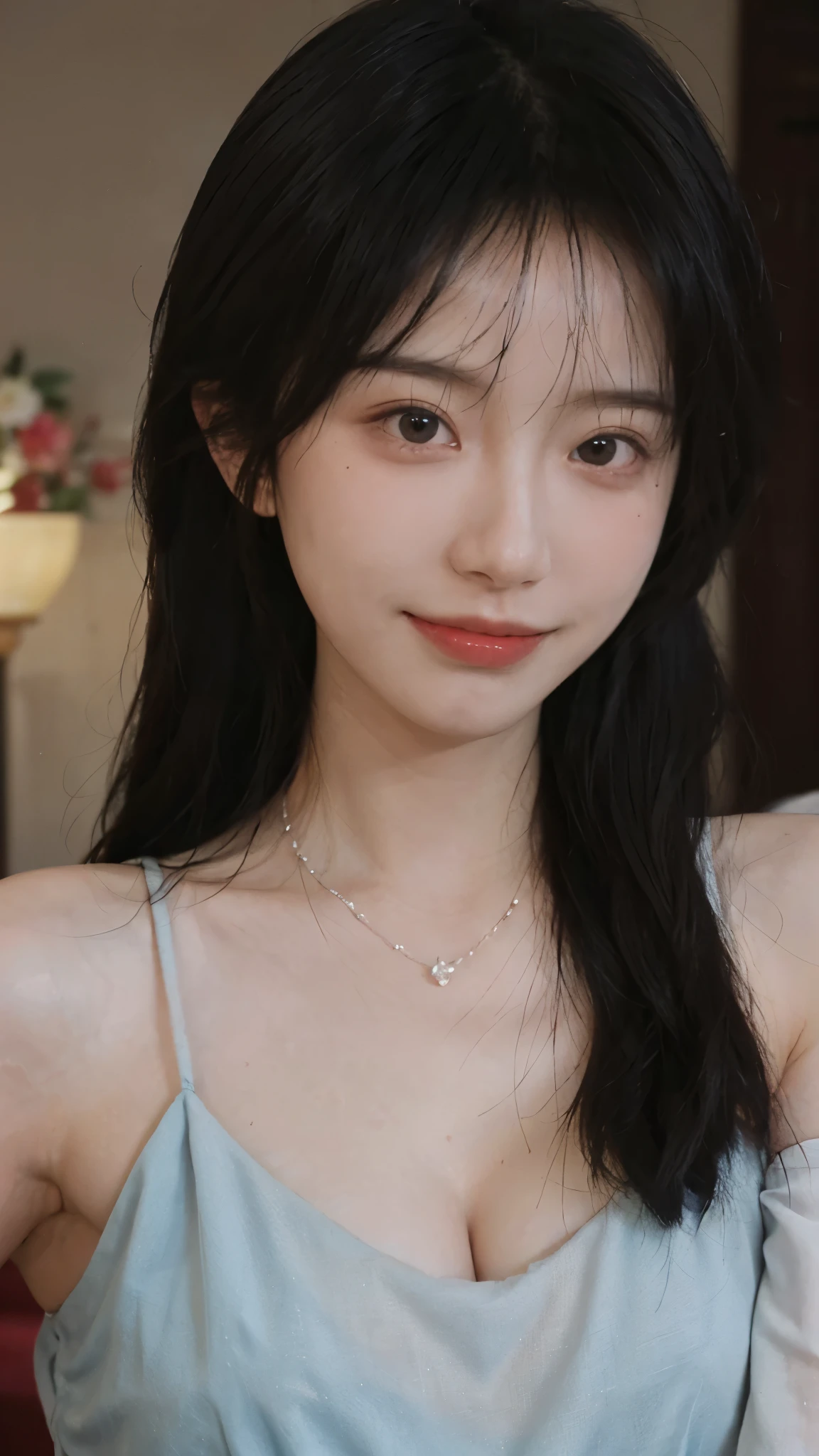best quality, ultra high resolution, (realistically:1.4),cute hairpin,Baoyu Girl,Standing in the wedding hall,(flat chest:1.2) ,A pair of clear and charming peach blossom eyes,Royal sister,The sun shines on the face,Big wavy hairstyle,(necklace:1.2),(White skin:1.4),a sense of atmosphere,a beautiful girl, Smile,Looking directly at the viewer, Close-up cleavage ,(lifelike:1.4),1 girl,Sexy,(Upper body:1.4),(wet),(:1.2)