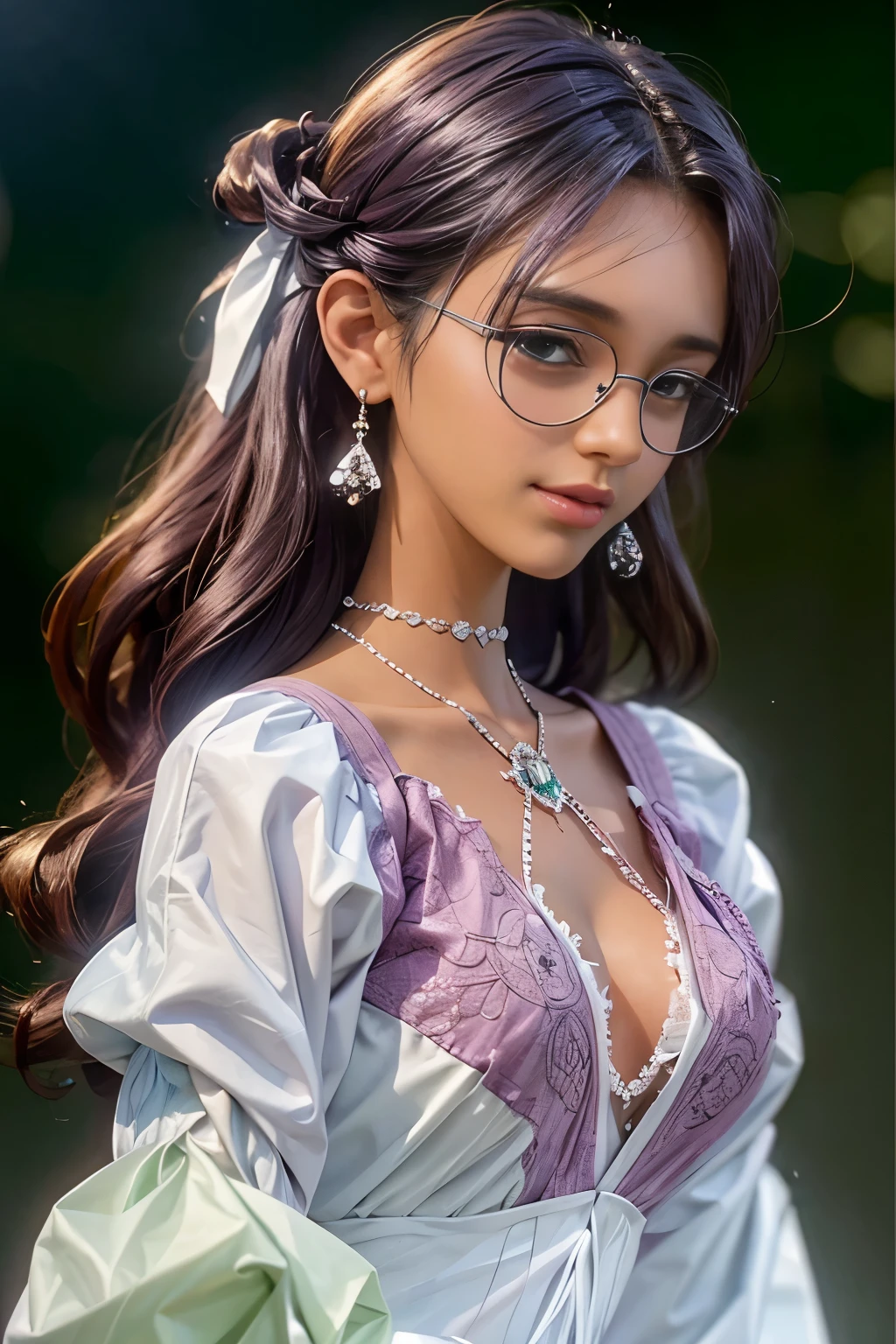 (masterpiece, best quality:1.2),long hair，Eyes are exquisite and exquisite,Exquisite white hair color，Pink lace suspender dress，glowing skin，dark skin，indian princess，wear glasses ，earrings，pastel tones，（（（masterpiece）））， （（best quality））， （（intricate details））， （（Surreal））