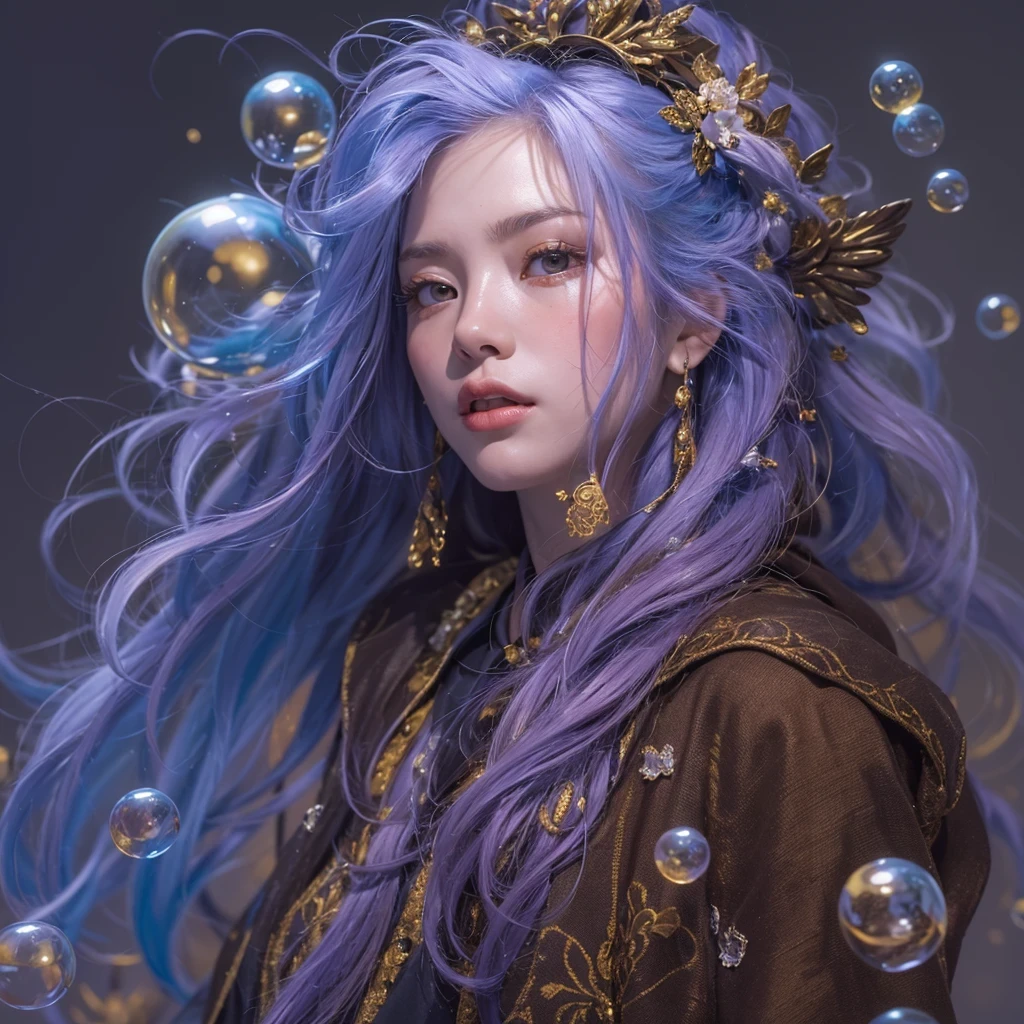 黄 blue colors,enamel,agate,A flesh-colored world,Blood Blue Maiden 32k(masterpiece,HD,Aoyama Pond,Ultra high quality,32k)long flowing bright blue hair,blood pool,Ziddink, a color,Grumpy (After greeting), (Linen scarf), fighting stance, looking at the ground, long white hair, Floating bright blue, Fire cloud gold headdress, Chinese long-sleeved gold silk burgundy garment, (Abstract metaverse splash:1.2), White background,Peony flower vitality protector(realistically:1.4),bright purple hair,Smoke on the road,The background is very pure, high resolution, detail, RAW photos, Sharp Re, Nikon D850 film photo by Jefferies Lee 4 Kodak Portra 400 camera F1.6 guns, colorful, Ultra-realistic and vivid textures, dramatic lighting, Unreal Engine Art Station Trend, Sinest 800,一个有着long flowing bright blue hair的女孩,huge colorful bubbles