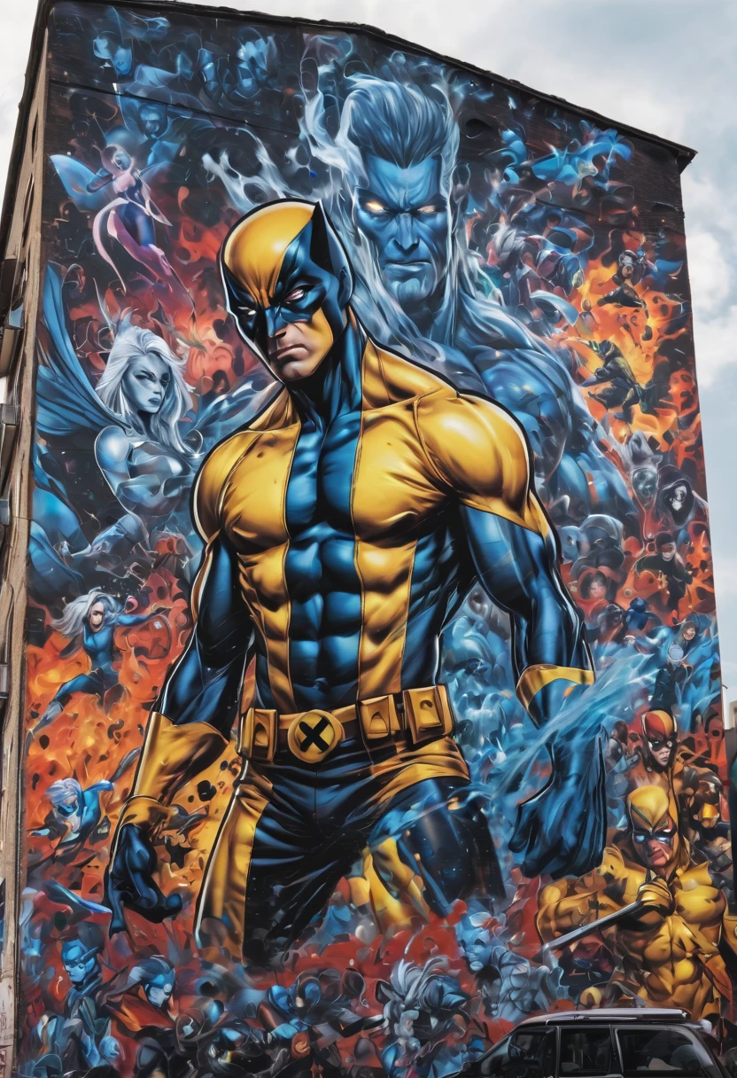 (masterpiece, best quality), magical Graffiti Comics, on a big building, X-Men, ultra detail,