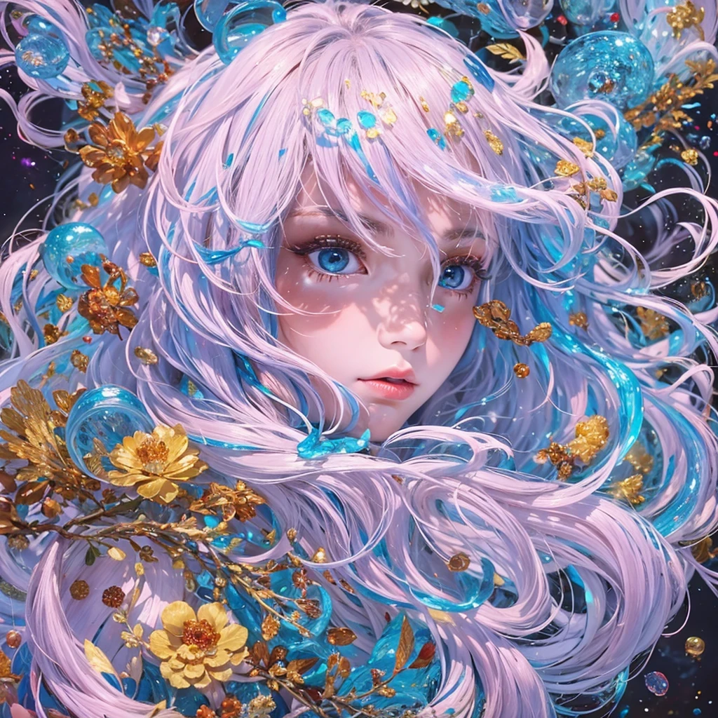 黄 blue colors,enamel,agate,A flesh-colored world,Blood Blue Maiden 32k(masterpiece,HD,Aoyama Pond,Ultra high quality,32k)long flowing bright blue hair,blood pool,Ziddink, a color,Grumpy (After greeting), (Linen scarf), fighting stance, looking at the ground, long white hair, Floating bright blue, Fire cloud gold headdress, Chinese long-sleeved gold silk burgundy garment, (Abstract metaverse splash:1.2), White background,Peony flower vitality protector(realistically:1.4),bright purple hair,Smoke on the road,The background is very pure, high resolution, detail, RAW photos, Sharp Re, Nikon D850 film photo by Jefferies Lee 4 Kodak Portra 400 camera F1.6 guns, colorful, Ultra-realistic and vivid textures, dramatic lighting, Unreal Engine Art Station Trend, Sinest 800,一个有着long flowing bright blue hair的女孩,huge colorful bubbles