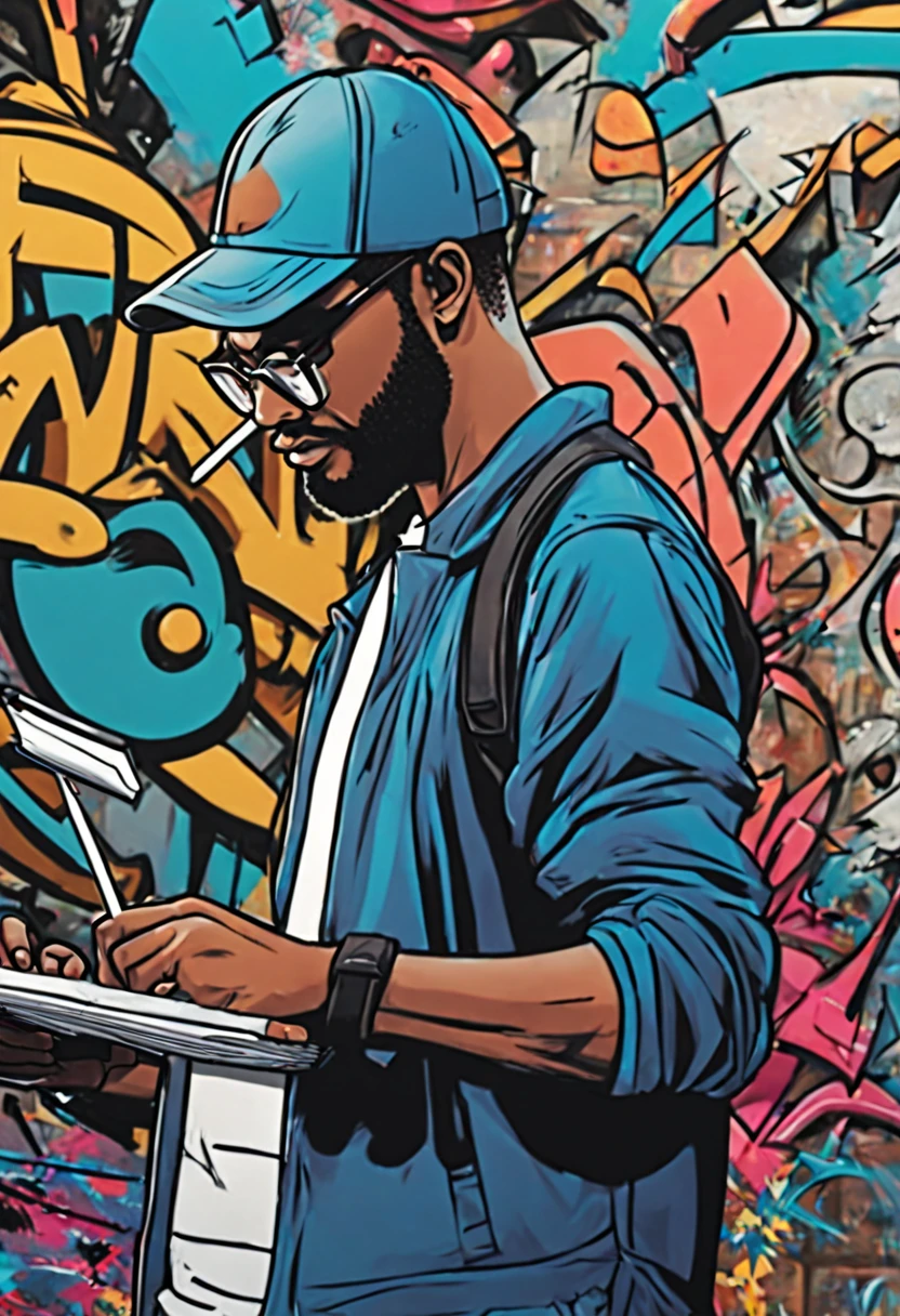 graffiti style comic {Close-up of a comic artist's hand, realistically drawing a graffiti-inspired character, sketchbook detail, colorful street art in the background, ambient studio lighting, Canon EOS R3, Focal length 35mms} . street art, vibrant, urban, detailed, tag, mural, graphic illustration, comic art, graphic novel art, vibrant, highly detailed