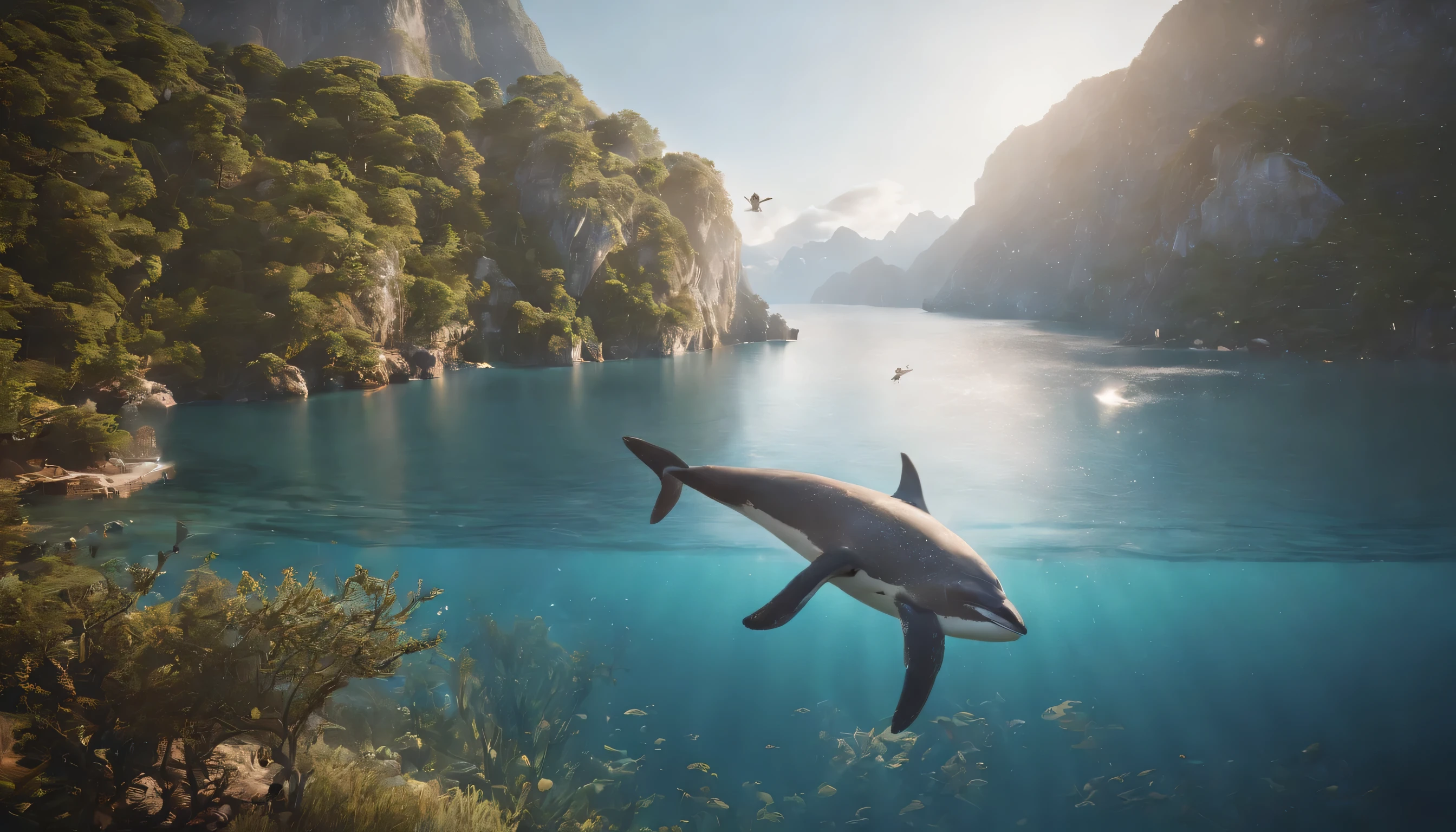 (Highly detailed CG Unity 8k wallpaper、masterpiece、highest quality、Super detailed)、(best lighting、best shadow、very delicate and beautiful)、highest quality、8k、Detailed facial depiction、masterpiece、highest quality、clear image quality、
diving animals:Capturing birds and sea mammals that jump into the water。