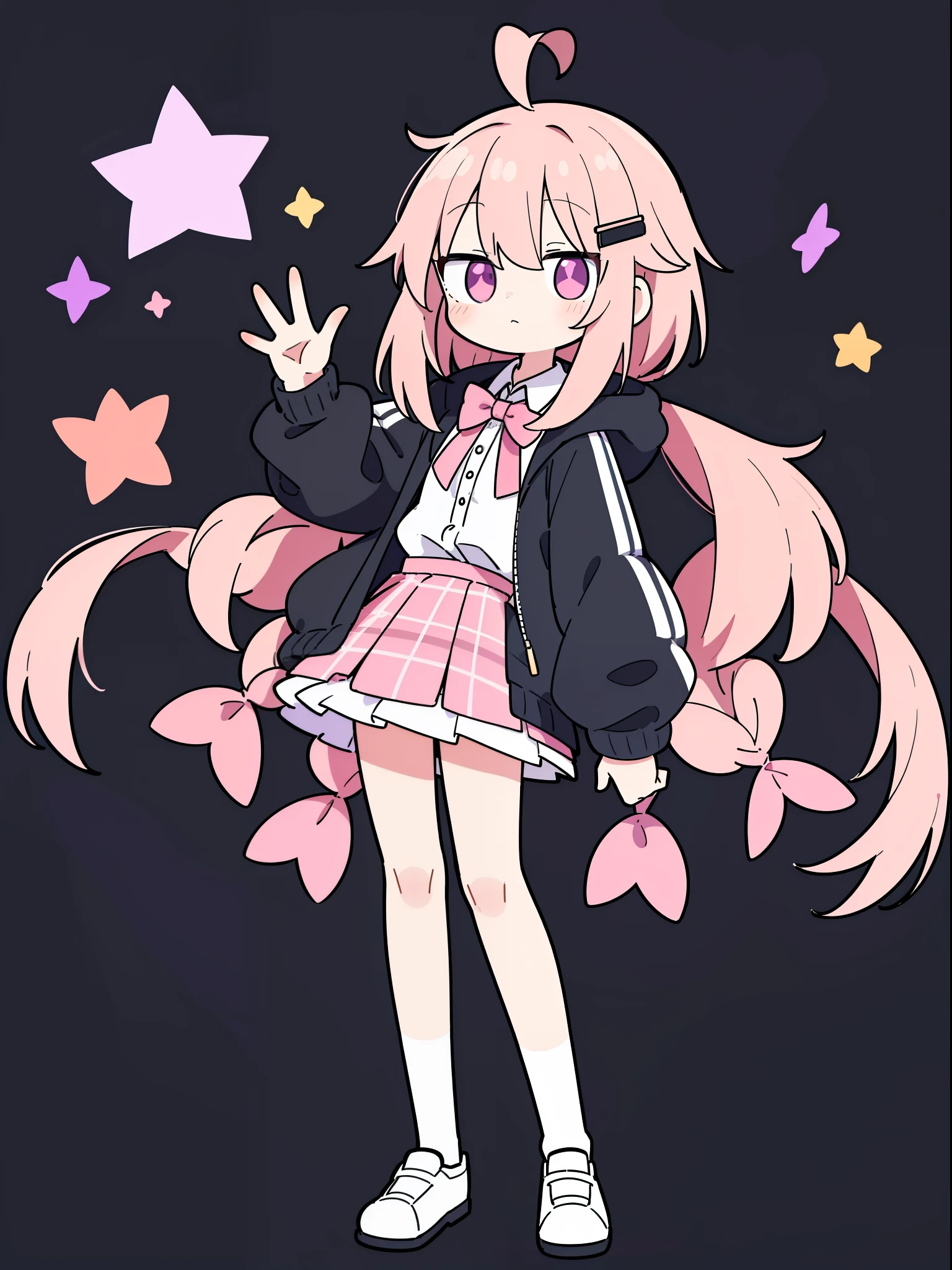 highres 1girl ahoge 鲍比_pin bow bowtie braid brmy own_Eyes collared_shirt dojikko_frilly pose_shirt frilled_shirt_Collarless joint_skirt frills hair_bow hair_ornament hairpin hand_exist_my own_head, heart, heart_hair_decorative hooded hood_jacket jacket lexistg_hair existe_Eye_Closed pentagram pink_hair plaid plaid_bow plaid_pleated skirt_skirt shirt shoelaces shoes simple_Background standing skirt solo star_(symbol) twin_Braided white braids_background white_Raise your legs high, whole body