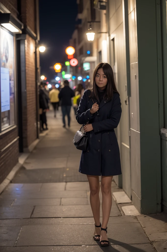 A poorly lit night photo of a woman outside in the city at night