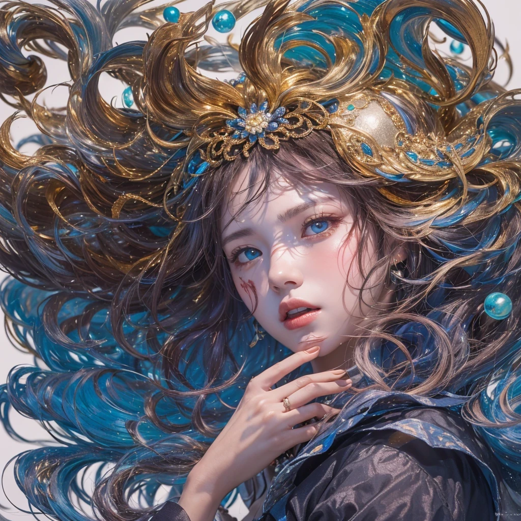 黄 blue colors,enamel,agate,A flesh-colored world,Blood Blue Maiden 32k(masterpiece,HD,Aoyama Pond,Ultra high quality,32k)long flowing bright blue hair,blood pool,Ziddink, a color,Grumpy (After greeting), (Linen scarf), fighting stance, looking at the ground, long white hair, Floating bright blue, Fire cloud gold headdress, Chinese long-sleeved gold silk burgundy garment, (Abstract metaverse splash:1.2), White background,Peony flower vitality protector(realistically:1.4),bright purple hair,Smoke on the road,The background is very pure, high resolution, detail, RAW photos, Sharp Re, Nikon D850 film photo by Jefferies Lee 4 Kodak Portra 400 camera F1.6 guns, colorful, Ultra-realistic and vivid textures, dramatic lighting, Unreal Engine Art Station Trend, Sinest 800,一个有着long flowing bright blue hair的女孩,huge colorful bubbles