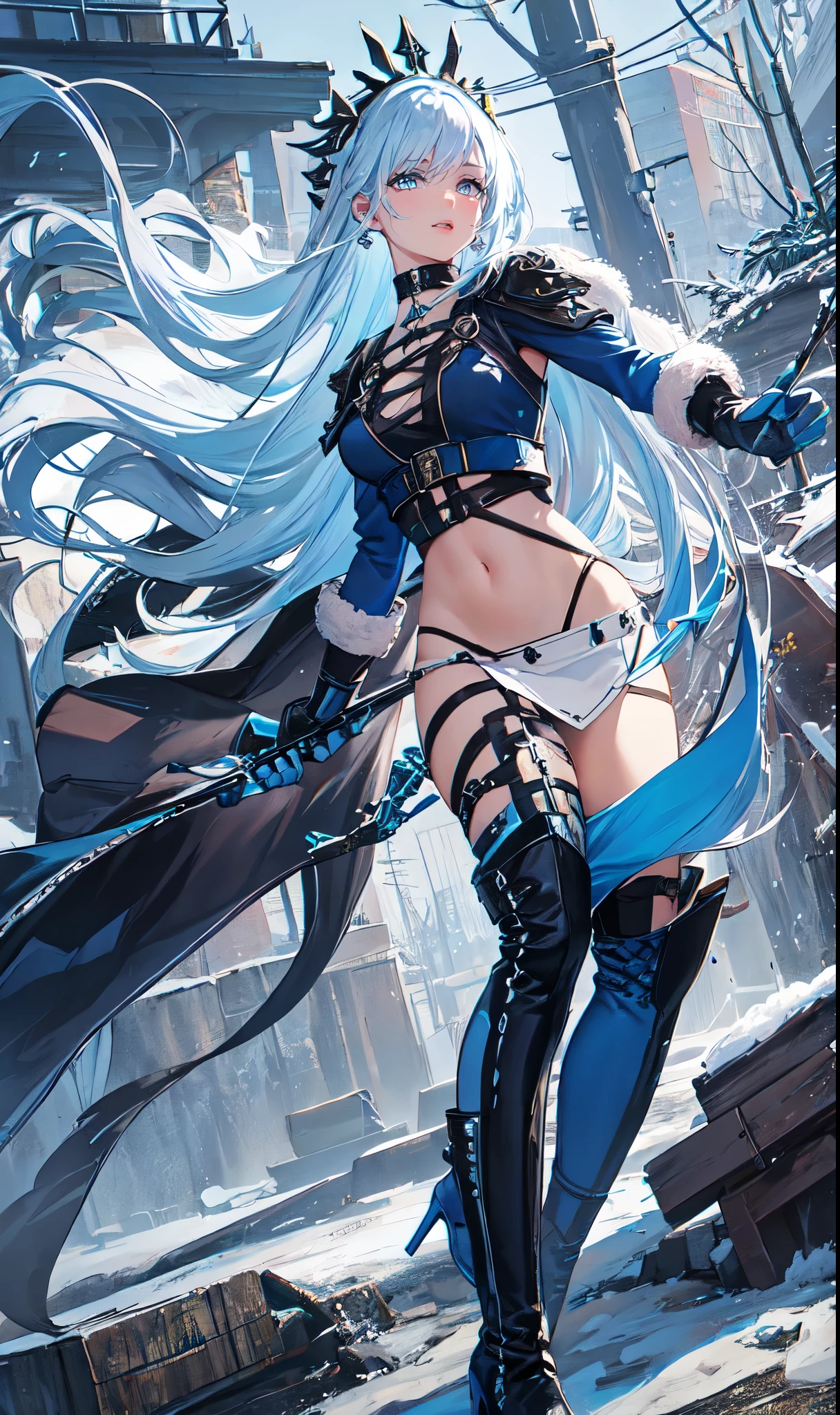 Abandoned winter industrial town background,(pure white straight hair：2.0),(blue cu rlhair end:2.0)issue card,Standing close-up,dream world,scars on face,(Slender blue phoenix eyes,pink lipstick,long eyelashes),Gloves,Short sword,choker,(Assassin&#39;s Tight Combat Suit,Torn and worn midriff-baring combat uniform,Leather miniskirt,leg rings,belt：2.0),fur tube top(choker),Over-the-knee high-heeled boots,strappy high heel boots,There are many straps on the legs,Detailed drawn background
