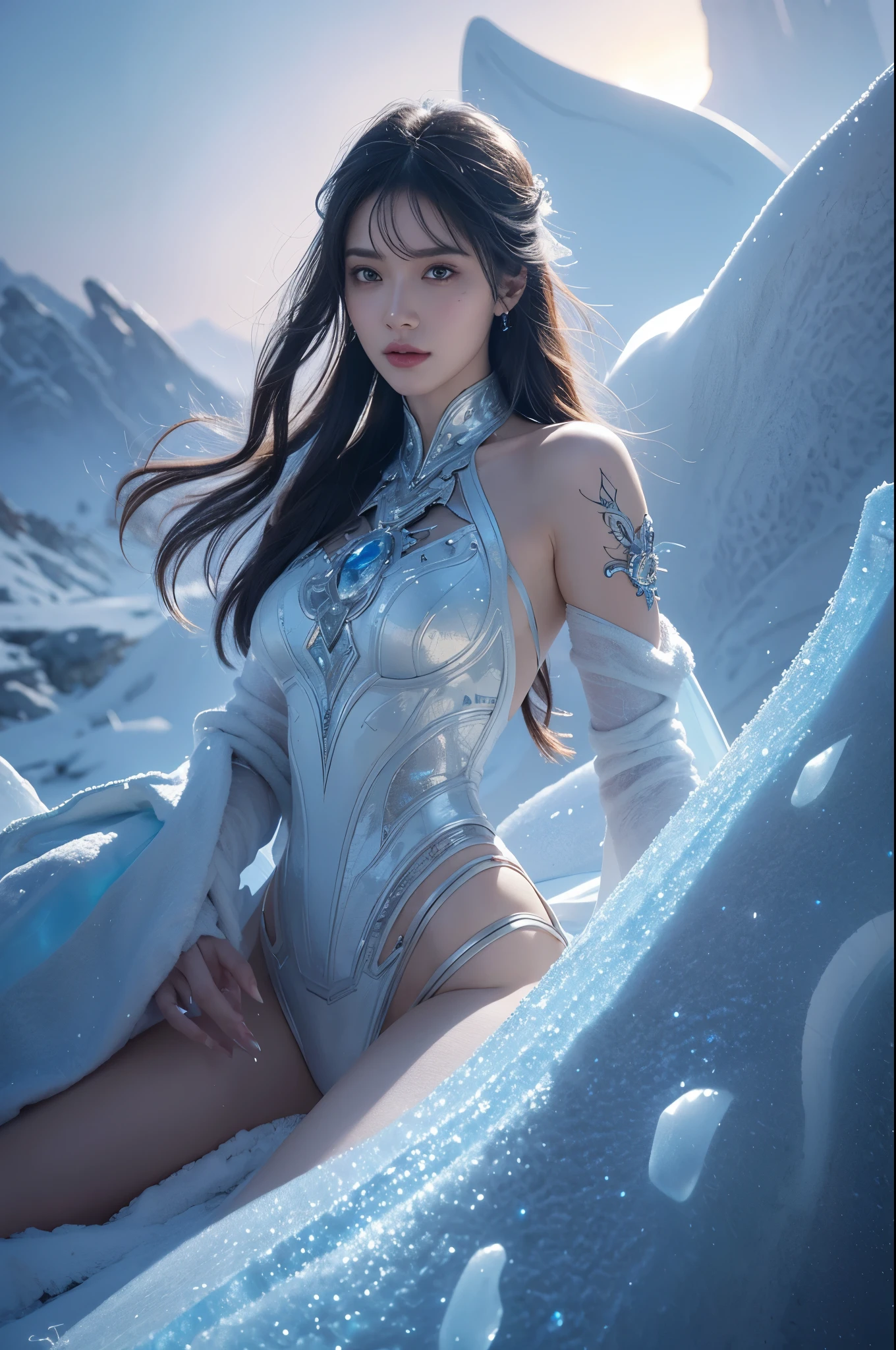 ais-rbts time elemental wearing an outrageous fashion outfit, Snowy plateau with icy peaks in the background,,,, intricate, elegant, highly detailed, digital painting, artstation, concept art, smooth, sharp focus, colored illustration for tattoo, art by artgerm and greg rutkowski and alphonse mucha