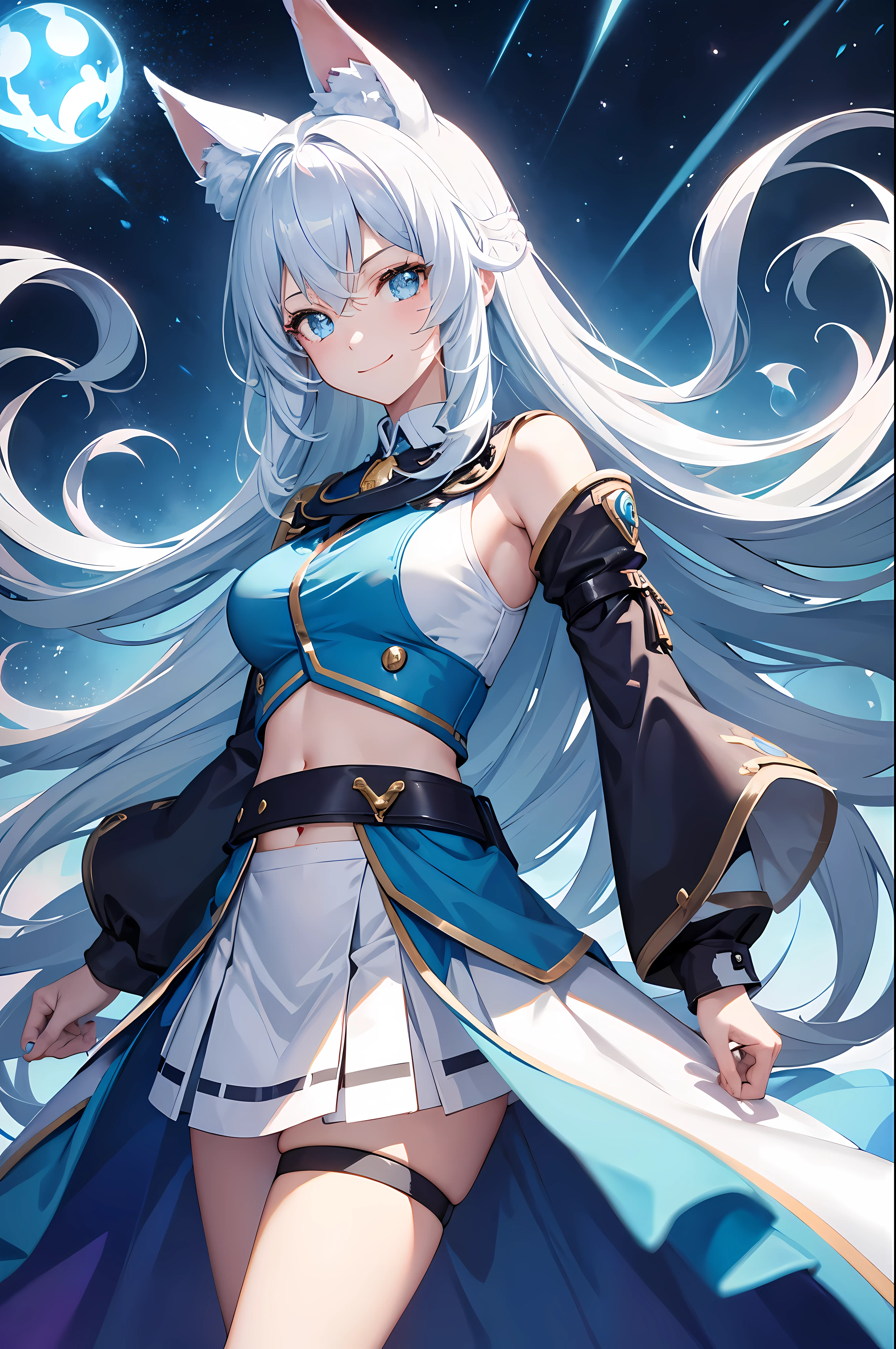 young girl, long white hair, turquoise eyes, fox ears, superhero uniform, blue flame, open your stomach, Tattoo, Neckline on the chest, laugh, masterpiece, high quality , alone