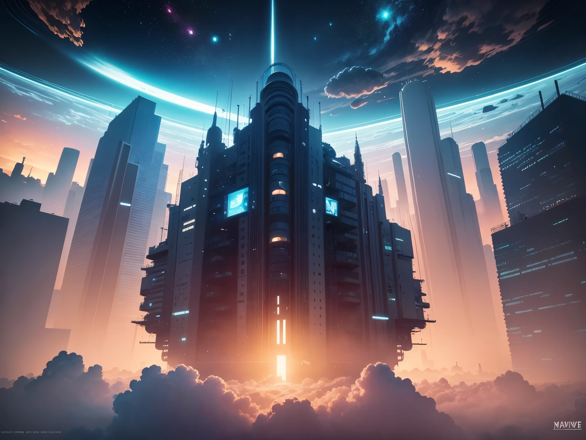 (levitating:1.5),(A huge mechanical city floating in space:1.3),(The brightly lit city of the future:1.4),(Thick clouds:1.4),in style of hayao miyazaki,Rejoice,Perfect quality,Clear focus(Clutter - home:0.8), (tmasterpiece:1.2), (realisticlying:1.2) ,(Bokeh:0.5), (best qualtiy), (detailedskin:1.3) ,(complexdetails), (8K), (detailedeyes) ,(Sharp focus),,(having fun),(Award-winning digital artwork:1.3) af (sketching:1.3),(with dynamism:1.3),studiolight,Theme,looking from above, the space, afloat, --v 6