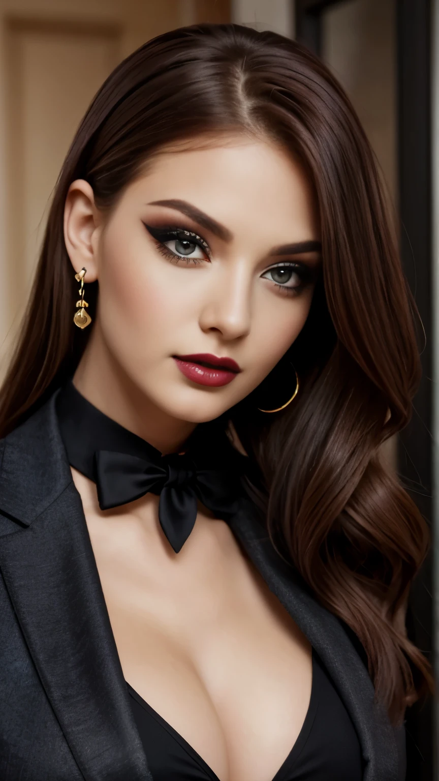 Very sexy girl, Alex Less, Detailed Lips, Detailed Eyes, detailed eyelashes, detailed face, red hair, earnings, nose pressing, seduction eyes, ((black make-up)), black, eye liner, lipstick, full body shot, body focus, ((wearing suit)),(( long tie)), Detailed fabric, 