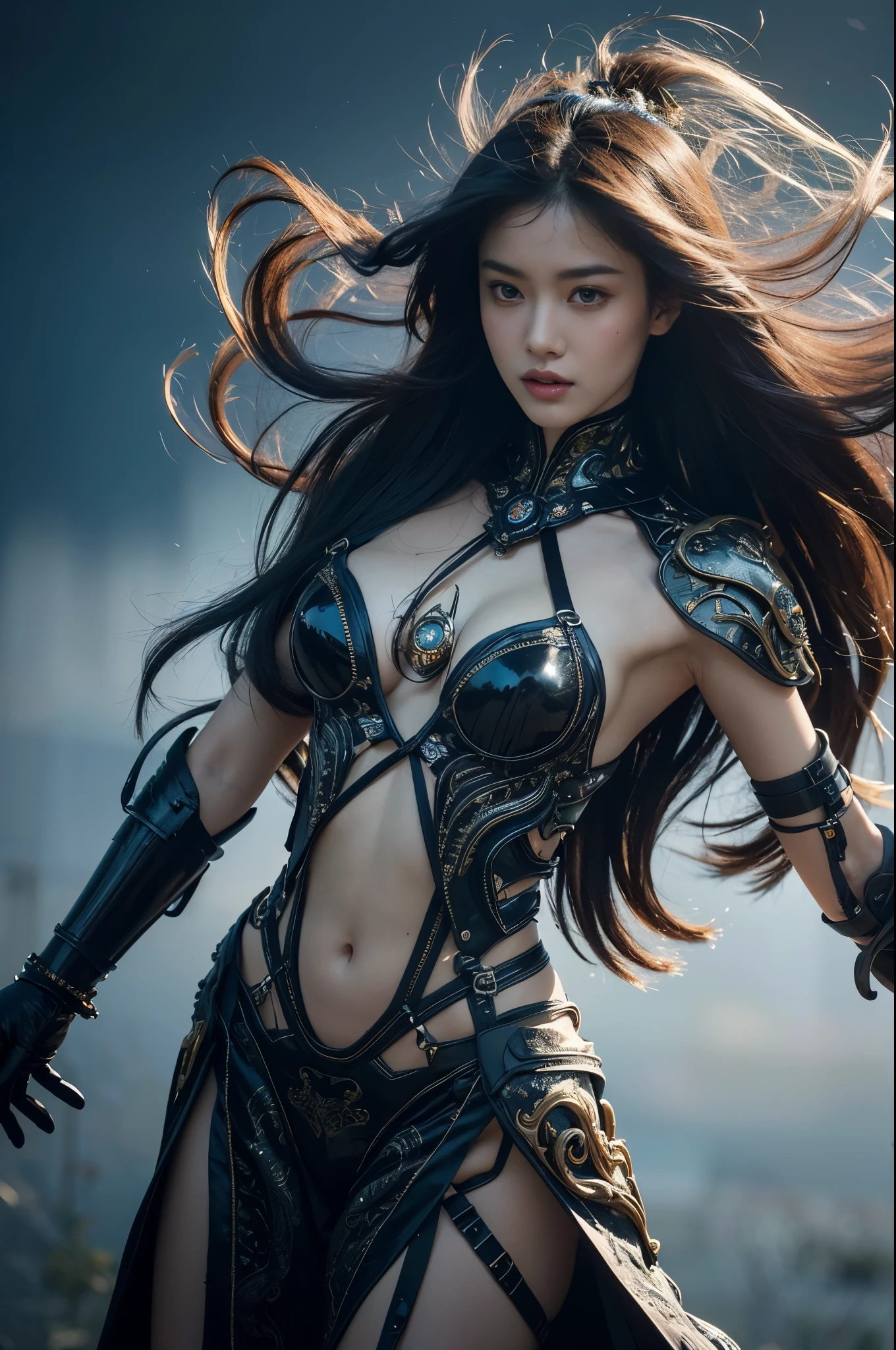 by Jason Chan, Wild Immortals dance amidst swirling mists, each adorned in vibrant, celestial garments, embodying the untamed forces of nature, (magnificent background, full of details:1.2), (technological, futurist:1.2), Cybernetic Baroque, baroque-inspired aesthetics merged with cybernetic elements, intricate details with a futuristic edge, ornamental complexity, (masterpiece, intricate details:1.2), looking at viewer, dynamic pose, style of Nicola Samori 
