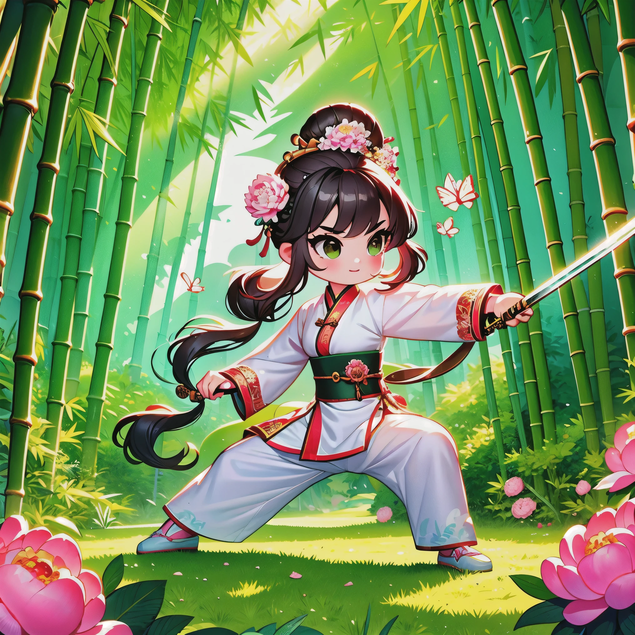 cute cartoon，中国martial arts，vector illustration，1 girl，bamboo forest，martial arts，The posture is full of vitality，Holding a long sword，The costumes are brightly colored，style traditional，Featuring peonies and waves，bamboo forest环境幽静，Lush，tall bamboo stalks，The sun shines dappled sunlight through the leaves，open space，driving range，(UHD, anatomically correct, masterpiece, ccurate, best quality, 8k), Vector martial arts illustration