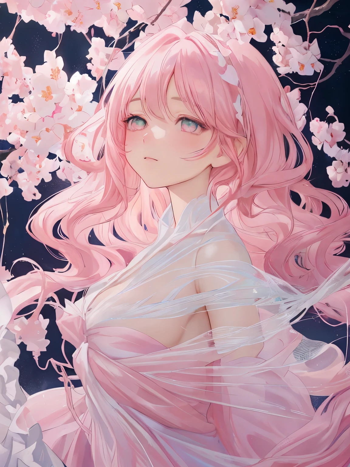 A full shot of Sakura Hoshino, pastel pink curly hair cascading down her back, with sparkling emerald eyes, adorned in an elegant flowing white dress, highly detailed, soft and delicate brush strokes, digital painting, ethereal and dreamlike atmosphere, trending on ArtStation, close-up, captivating and enchanting gaze, evocative and poetic, Studio Ghibli, Lois van Baarle, Georgia O’Keeffe.	