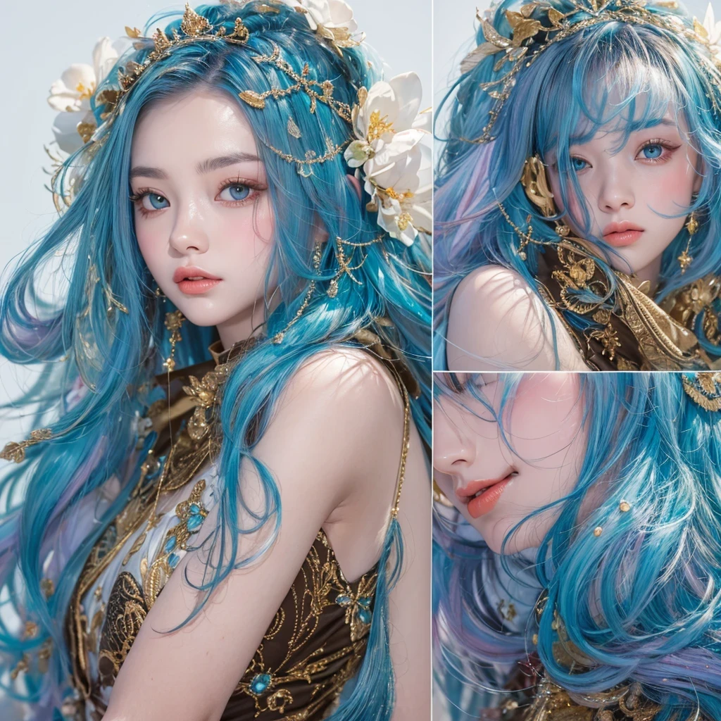黄 blue colors,enamel,agate,A flesh-colored world,Blood Blue Maiden 32k(masterpiece,HD,Aoyama Pond,Ultra high quality,32k)long flowing bright blue hair,blood pool,Ziddink, a color,Grumpy (After greeting), (Linen scarf), fighting stance, looking at the ground, long white hair, Floating bright blue, Fire cloud gold headdress, Chinese long-sleeved gold silk burgundy garment, (Abstract metaverse splash:1.2), White background,Peony flower vitality protector(realistically:1.4),bright purple hair,Smoke on the road,The background is very pure, high resolution, detail, RAW photos, Sharp Re, Nikon D850 film photo by Jefferies Lee 4 Kodak Portra 400 camera F1.6 guns, colorful, Ultra-realistic and vivid textures, dramatic lighting, Unreal Engine Art Station Trend, Sinest 800,一个有着long flowing bright blue hair的女孩,huge colorful bubbles
