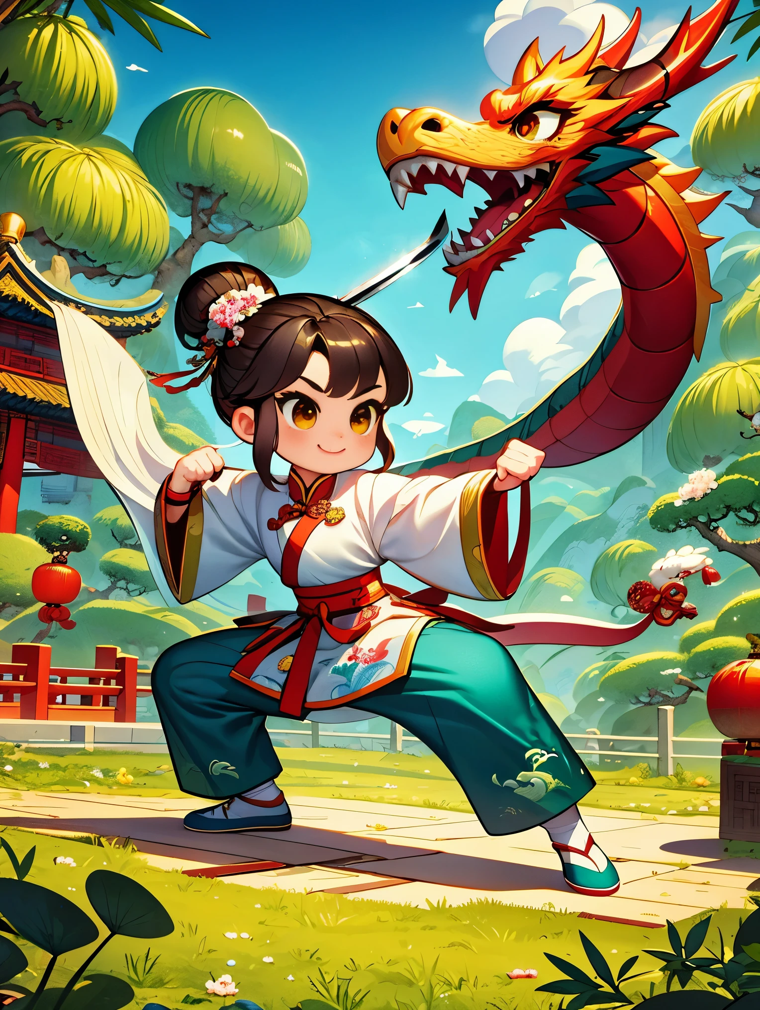 Imagine a vector illustration with a Chinese martial arts theme, rendered in a cute, cartoonish style. A young martial arts hero stands amid ancient Chinese landscapes, his posture light and graceful, with a smile on his face, holding an exquisite short sword. The hero is dressed in bright, uniquely designed traditional attire, embroidered with dragons and phoenixes to showcase rich Chinese cultural elements. The surroundings feature vividly drawn landscapes, with a few elegant clouds and one or two green bamboo trees, adding a fresh and natural vibe to the scene. The whole setting retains the mystery of martial arts stories while integrating modern, cute cartoon elements, making the scene both traditional and fun，(UHD, anatomically correct, masterpiece, ccurate, best quality, 8k), Vector martial arts illustration