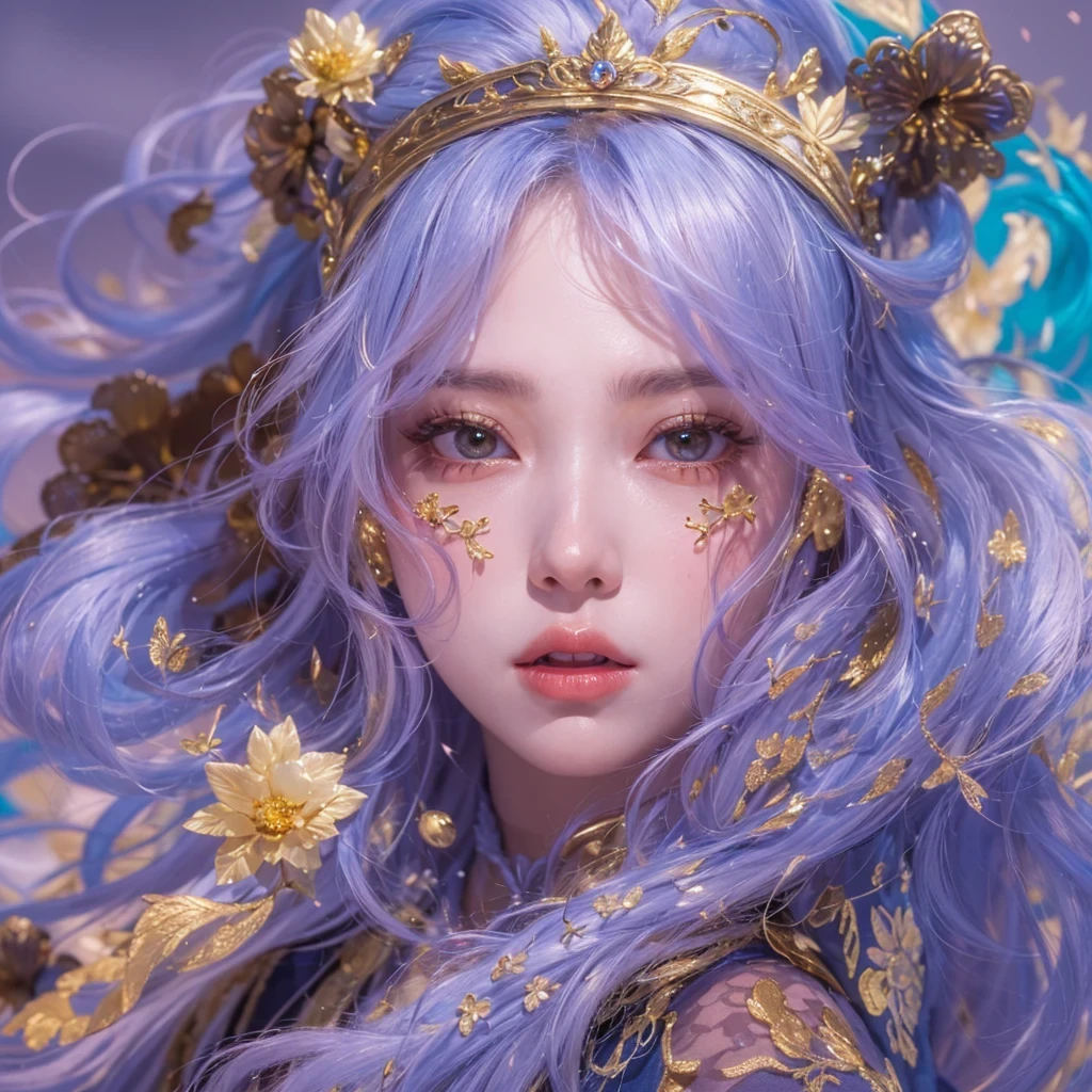 黄 blue colors,enamel,agate,A flesh-colored world,Blood Blue Maiden 32k(masterpiece,HD,Aoyama Pond,Ultra high quality,32k)long flowing bright blue hair,blood pool,Ziddink, a color,Grumpy (After greeting), (Linen scarf), fighting stance, looking at the ground, long white hair, Floating bright blue, Fire cloud gold headdress, Chinese long-sleeved gold silk burgundy garment, (Abstract metaverse splash:1.2), White background,Peony flower vitality protector(realistically:1.4),bright purple hair,Smoke on the road,The background is very pure, high resolution, detail, RAW photos, Sharp Re, Nikon D850 film photo by Jefferies Lee 4 Kodak Portra 400 camera F1.6 guns, colorful, Ultra-realistic and vivid textures, dramatic lighting, Unreal Engine Art Station Trend, Sinest 800,一个有着long flowing bright blue hair的女孩,huge colorful bubbles