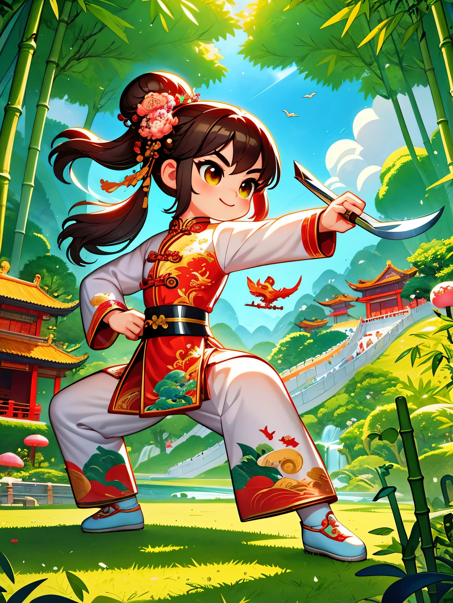 Imagine a vector illustration with a Chinese martial arts theme, rendered in a cute, cartoonish style. A young martial arts hero stands amid ancient Chinese landscapes, his posture light and graceful, with a smile on his face, holding an exquisite short sword. The hero is dressed in bright, uniquely designed traditional attire, embroidered with dragons and phoenixes to showcase rich Chinese cultural elements. The surroundings feature vividly drawn landscapes, with a few elegant clouds and one or two green bamboo trees, adding a fresh and natural vibe to the scene. The whole setting retains the mystery of martial arts stories while integrating modern, cute cartoon elements, making the scene both traditional and fun，(UHD, anatomically correct, masterpiece, ccurate, best quality, 8k), Vector martial arts illustration