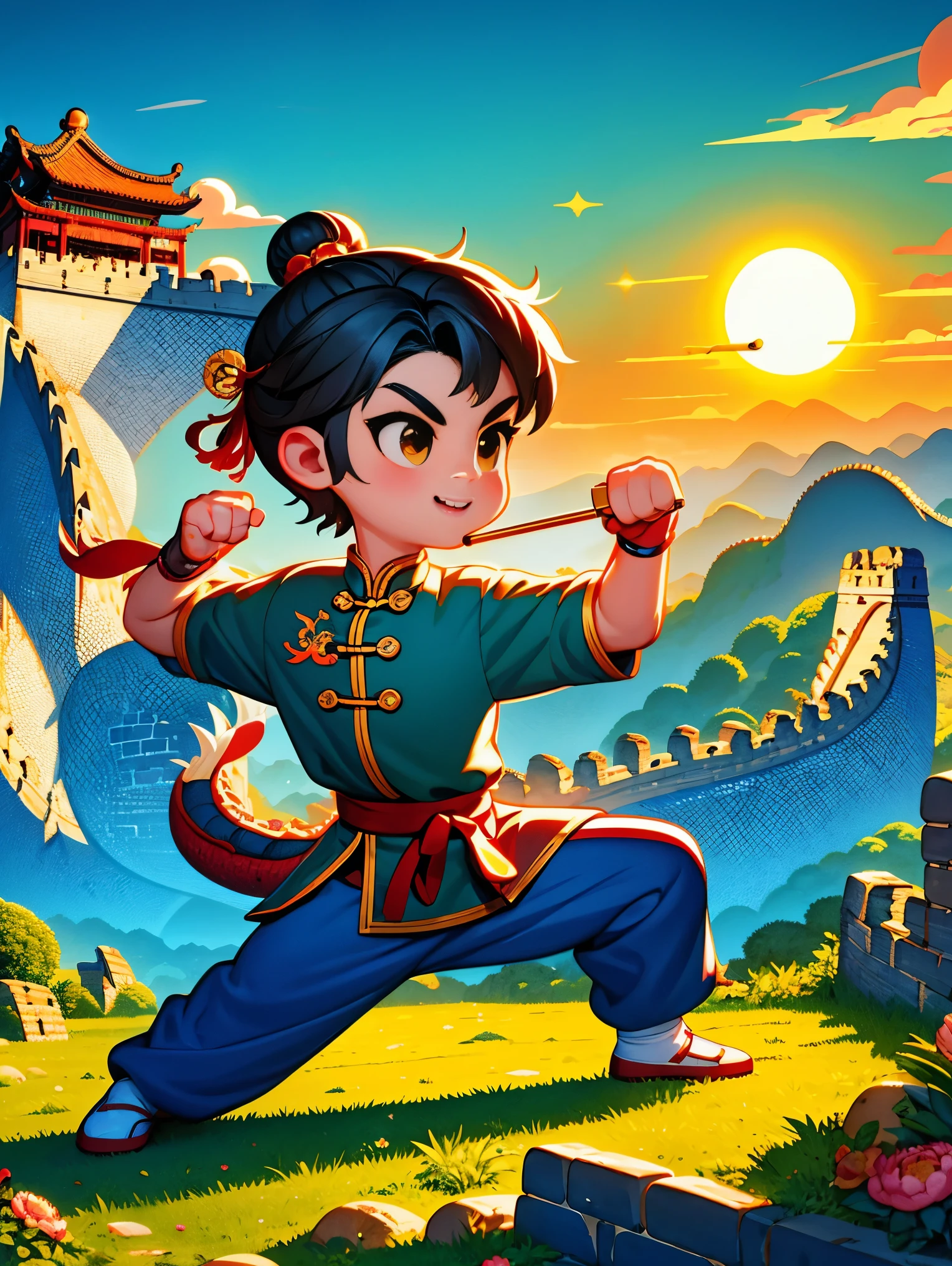 cute cartoon，中国martial arts，vector illustration，1boy，Chinese dragon，Oriental Dragon，Great Wall，martial arts，在一座古老的Great Wall城墙上训练，The background is the setting sun，heroic posture，Fists clenched，Prepare for the attack，His clothes are full of energy，Decorated with dragon pattern，Symbolizes strength and wisdom。The ancient walled environment is depicted with exceptional accuracy，Includes watchtower and craggy stone textures，Surrounded by mountains in the distance，(UHD, anatomically correct, masterpiece, ccurate, best quality, 8k), Vector martial arts illustration