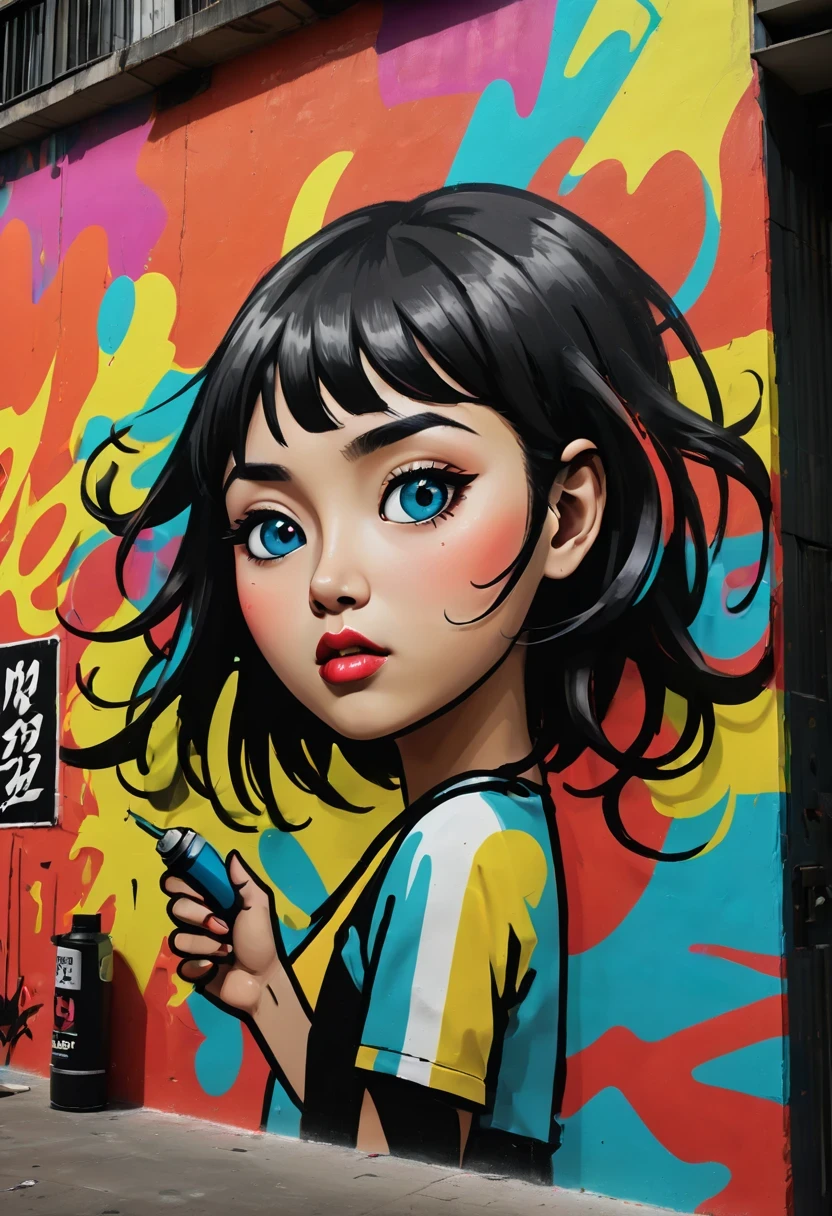 Graffiti, wall, whole picture, high resolution和高对比度,simple,girl，(best quality,high resolution,masterpiece:1.2),super detailed,actual, high dynamic range,studio lighting,Physically based rendering,bright colors,[Street art],portrait,[comic style],urban style,urban chic,city View,Graffiti覆盖的建筑物,expressive brushstrokes,[dynamic poses], [Unique facial expressions],eye-catching background,Color spray paint,mark wall,crappy texture,Detailed character design,dramatic lighting,sketchy lines,energy and movement,urban culture,modern style,Avant-garde and energetic,modern style,Vibrant color palette,sharp contrast,Street Fashion,Stylish and confident,lively scenes、Lively,sense of rebellion,[abstract elements],Pop Art Influence,imagination and creativity.