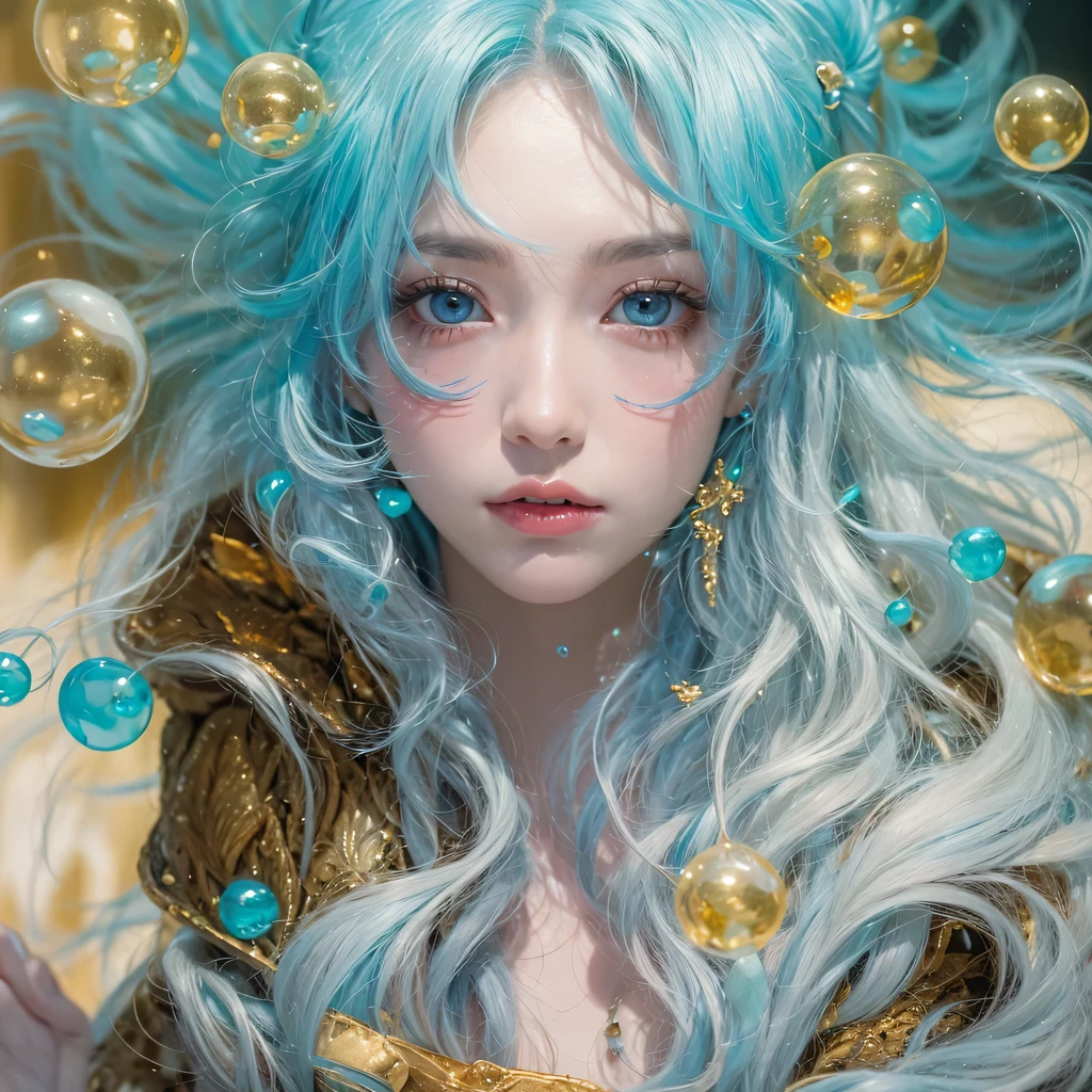 黄 blue colors，enamel，agate，A flesh-colored world，Blood Blue Maiden 32k（masterpiece，HD，Aoyama Pond，Ultra high quality，32k）long flowing bright blue hair，blood pool，Ziddink， a color，Grumpy （After greeting）， （Linen scarf）， fighting stance， looking at the ground， long white hair， Floating bright blue， Fire cloud gold headdress， Chinese long-sleeved gold silk burgundy garment， （Abstract metaverse splash：1.2）， White background，Peony flower vitality protector（realistically：1.4），bright purple hair，Smoke on the road，The background is very pure， high resolution， detail， RAW photos， Sharp Re， Nikon D850 film photo by Jefferies Lee 4 Kodak Portra 400 camera F1.6 guns, colorful, Ultra-realistic and vivid textures, dramatic lighting, Unreal Engine Art Station Trend, Sinest 800，一个有着long flowing bright blue hair的女孩，huge colorful bubbles