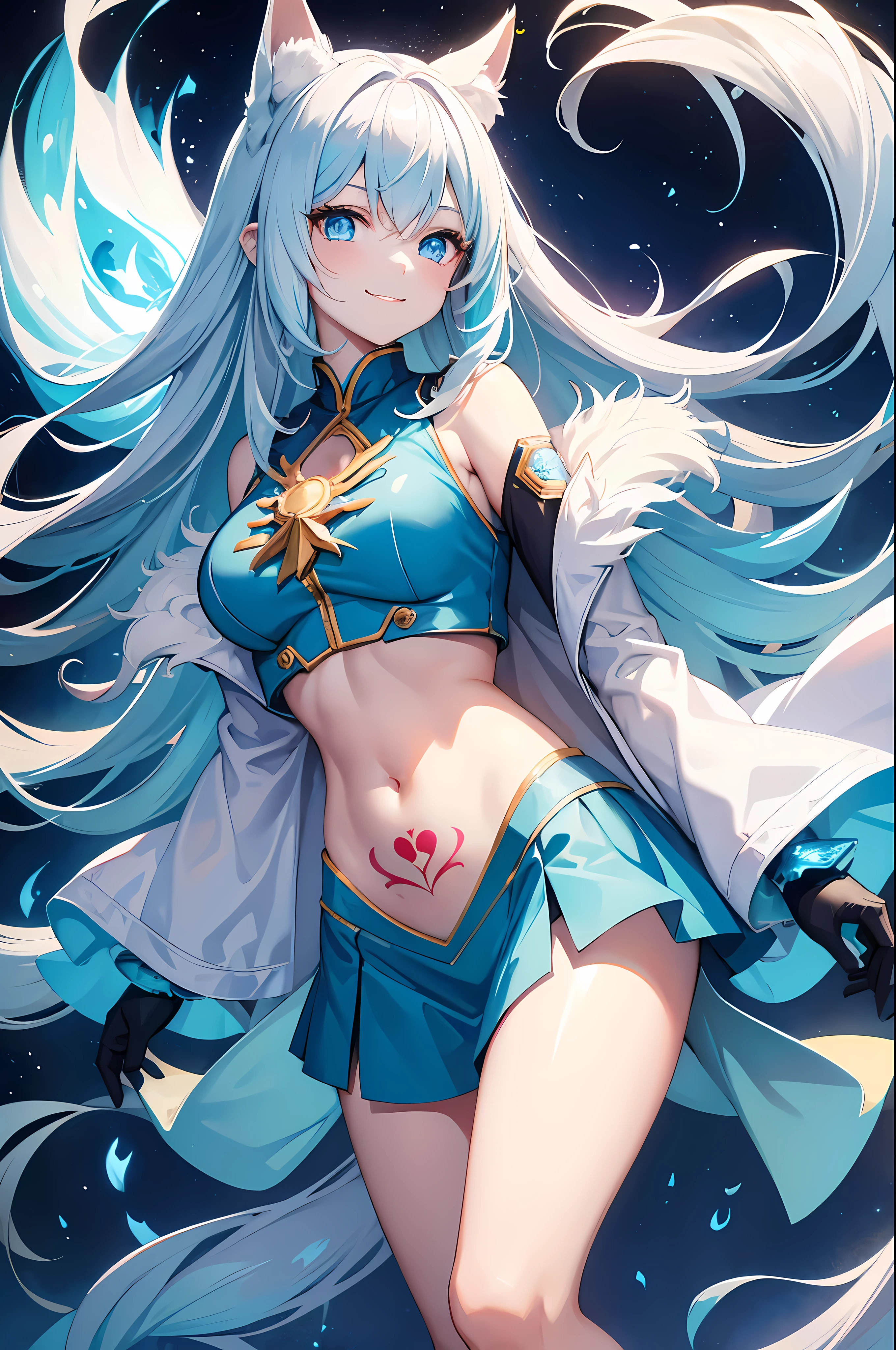 (sexy중년여성:1.2), long white hair, turquoise eyes, fox ears, superhero uniform, blue flame, open your stomach, (tattoo on stomach), Neckline on the chest, laugh, masterpiece, high quality , (alone) ,sexy
