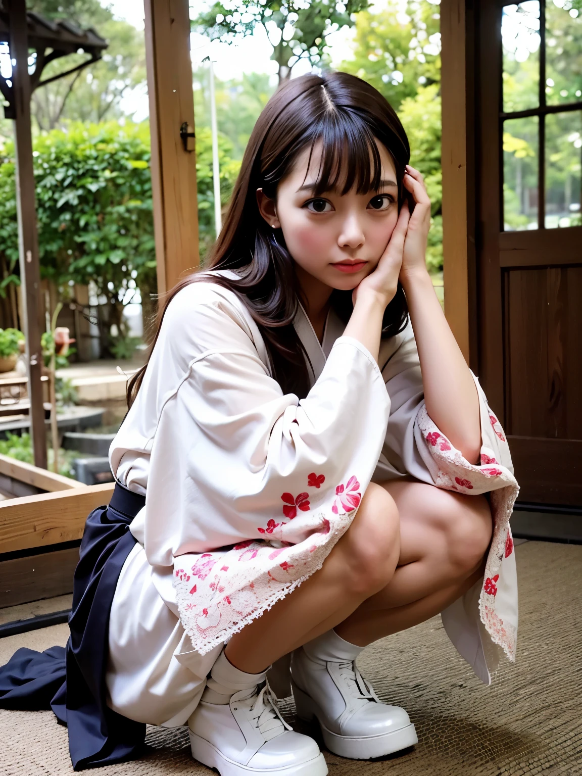 Beautiful woman wearing a short yukata of white and red is crouching and touching her hair with one hand, looking at the camera, (((background blur))), sandals with nose cords, bare feet, (cotton underwear), zori sandals with flower decoration, large breasts,