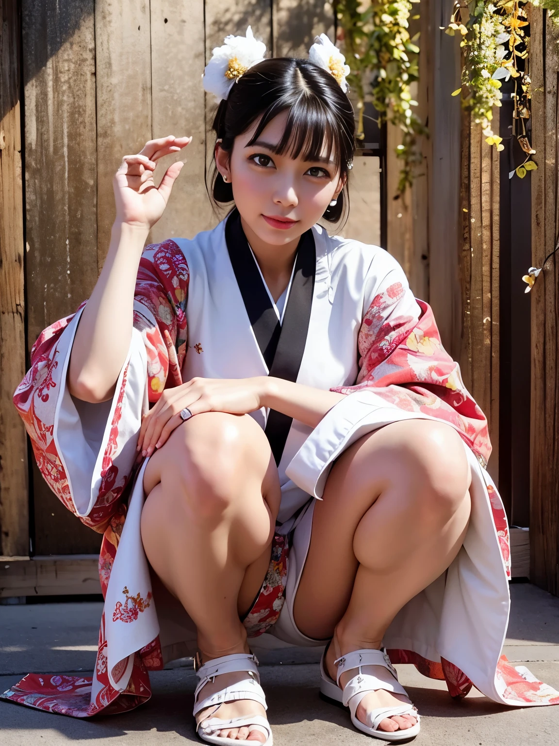 24 year old woman, solo、full body esbian、Height about 145cm, brown eyes, wearing a white kimono、I'm wearing a red hakama、 long straight black hair, The background is the porch of the shrine.、table top, 最high quality, 超high quality, high quality, High resolution, 超High resolution, absurd, 4k, 8k, very detailed, intricate details, great shading, high contrast, realistic, photographのように写実的な, RAWphotograph, photograph, Ultra-fine illustration, shortening, perfect anatomy, correct anatomy, perfect proportions, perfect face, perfect hands, perfect legs, perfect fingers、positive、squat with legs apart、I open my legs and feel itching、private parts visible、embarrassed look、looking at camera、raise both hands