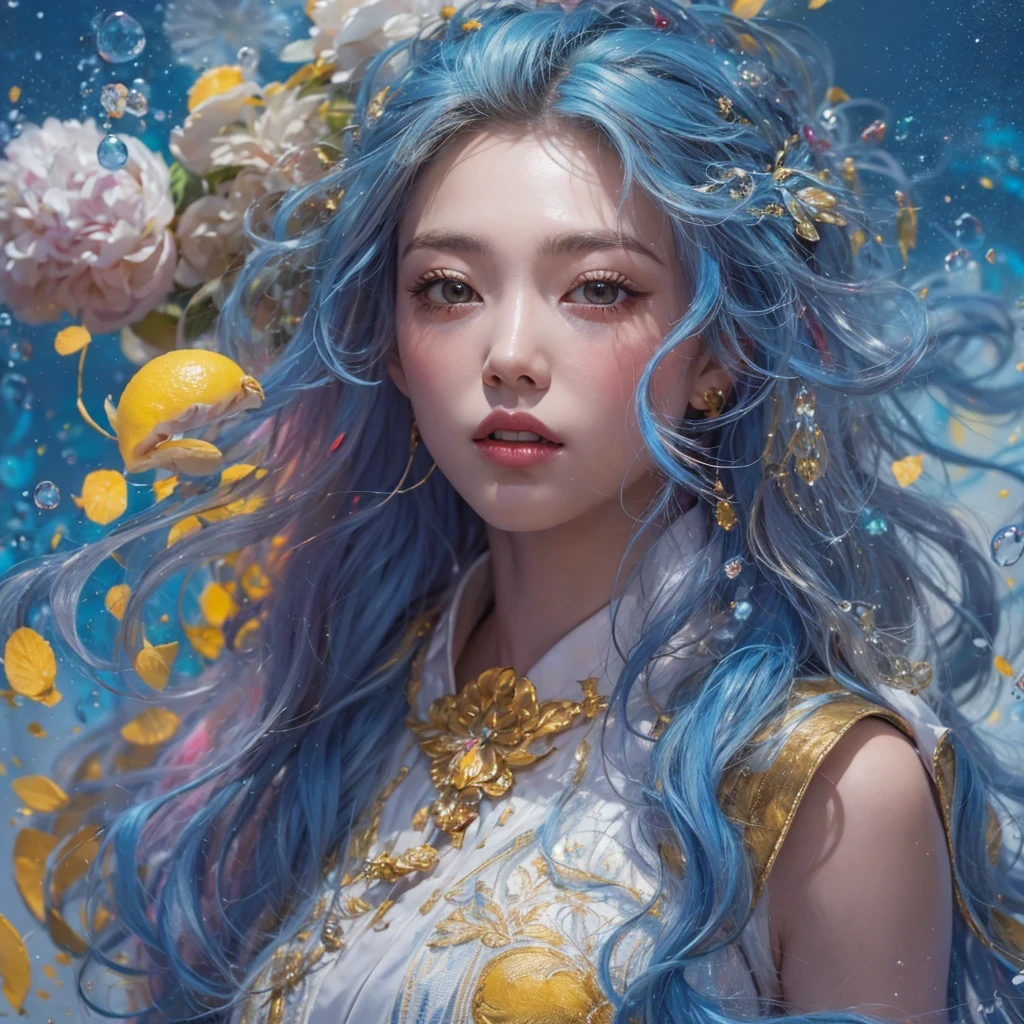 lemon yellow blue color，enamel，agate，A flesh-colored world，Blood Blue Maiden 32k（masterpiece，HD，Aoyama Pond，Ultra high quality，32k）long flowing bright blue hair，blood pool，Ziddink， a color，Grumpy （After greeting）， （Linen scarf）， fighting stance， looking at the ground， long white hair， Floating bright blue， Fire cloud gold headdress， Chinese long-sleeved gold silk burgundy garment， （Abstract metaverse splash：1.2）， White background，Peony flower vitality protector（realistically：1.4），bright purple hair，Smoke on the road，The background is very pure， high resolution， detail， RAW photos， Sharp Re， Nikon D850 film photo by Jefferies Lee 4 Kodak Portra 400 camera F1.6 guns, colorful, Ultra-realistic and vivid textures, dramatic lighting, Unreal Engine Art Station Trend, Sinest 800，一个有着long flowing bright blue hair的女孩，huge colorful bubbles