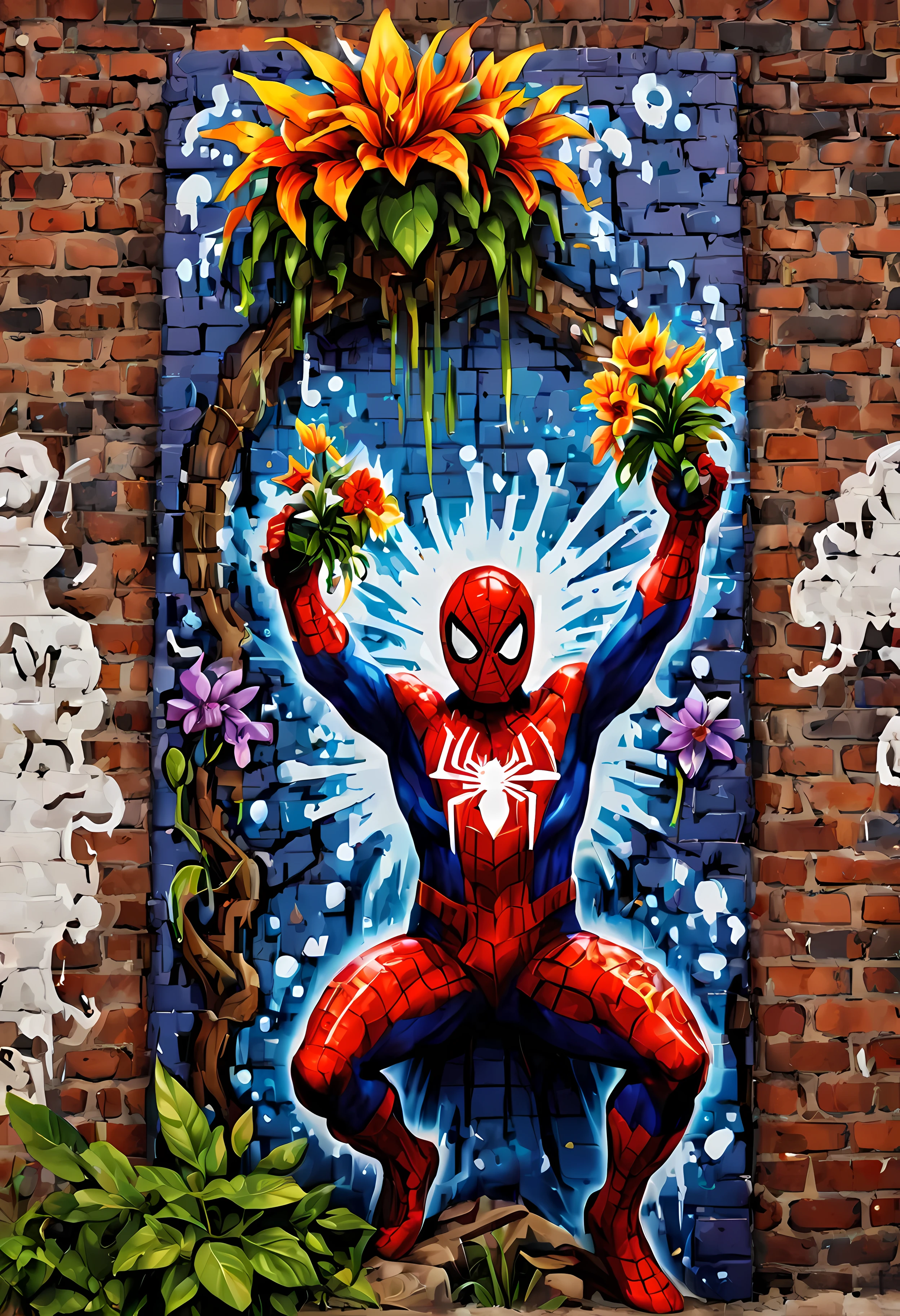 (pixel art:1.4), made of elemental_graffiti, design a mesmerizing ((((wall graffiti)))) featuring heroic Spider-Man in a dynamic pose, nature elements, flowers, bold and vibrant colors, cloudy, magic, intricate details, symbols, abstract, realism, sharp focus, masterpiece in maximum 16K resolution, sharp details, elemental art, graffiti art. | ((More_Detail))
