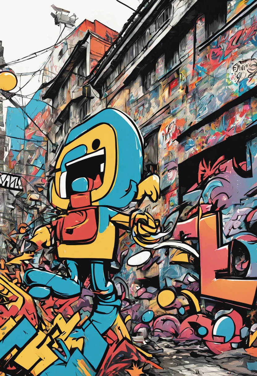 graffiti style comic {!(Graffiti Comics Style Imagery) dynamic street art fusion, vibrant colors, bold outlines, exaggerated expressions, urban background, high contrast, comic book aesthetics, graffiti murals as the canvas backdrop, Japanese manga influence, Chinese calligraphy style, energetic composition, spray paint texture, shadowing techniques, depth of field, wide-angle perspective, fisheye lens effect, raw creativity, street culture vibes, a masterpiece illustration by Kim Jung Gi and Banksy, digital art, ultra-detailed, action-packed sequence, storytelling elements, Adobe Photoshop enhanced, 300dpi resolution} . street art, vibrant, urban, detailed, tag, mural, graphic illustration, comic art, graphic novel art, vibrant, highly detailed