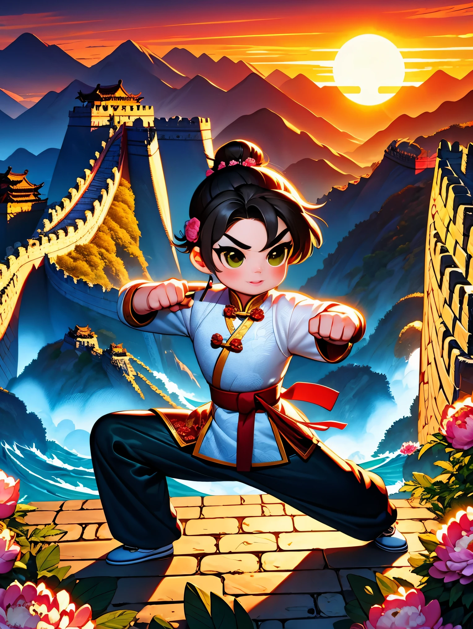 cute cartoon，中国martial arts，vector illustration，1boy，Great Wall，martial arts，Featuring peonies and waves，Training on an ancient city wall，The background is the setting sun。heroic posture，Fists clenched，Prepare for the attack。His clothes are full of energy，Decorated with dragon pattern，Symbolizes strength and wisdom。The ancient walled environment is depicted with exceptional accuracy，Includes watchtower and craggy stone textures，Surrounded by mountains in the distance，(UHD, anatomically correct, masterpiece, ccurate, best quality, 8k), Vector martial arts illustration