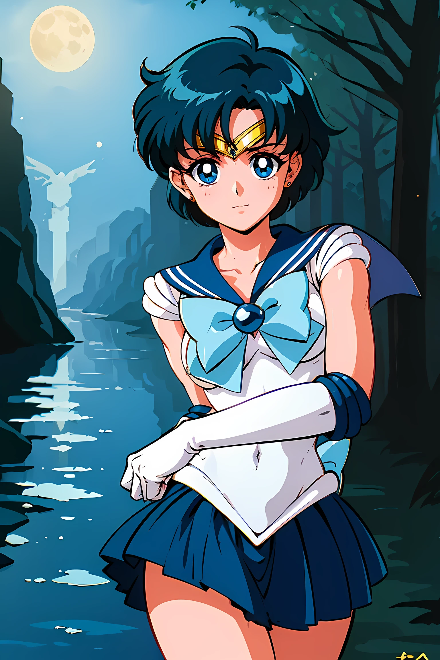 (highest quality:1.3), (masterpiece:1.4),(anatomically correct), (all limbs),(Refers to the whole),(precise fingertips), (small details),(8k),(About Photoreal:1.37),sailor moon!!!!!!!!, sailor moon Style,by sailor moon, sailor warrior uniform,(sailor mercury:1.52),aqua eye, dark green hair,white gloves,(fighting pose:1.25),((magical dark forest :1.2)),at dusk, moon, ((Recommended for scenes with strong dark shadows:1.2)), golden flower ,beautiful magical style, water reflection,intense, concept art, digital painting,