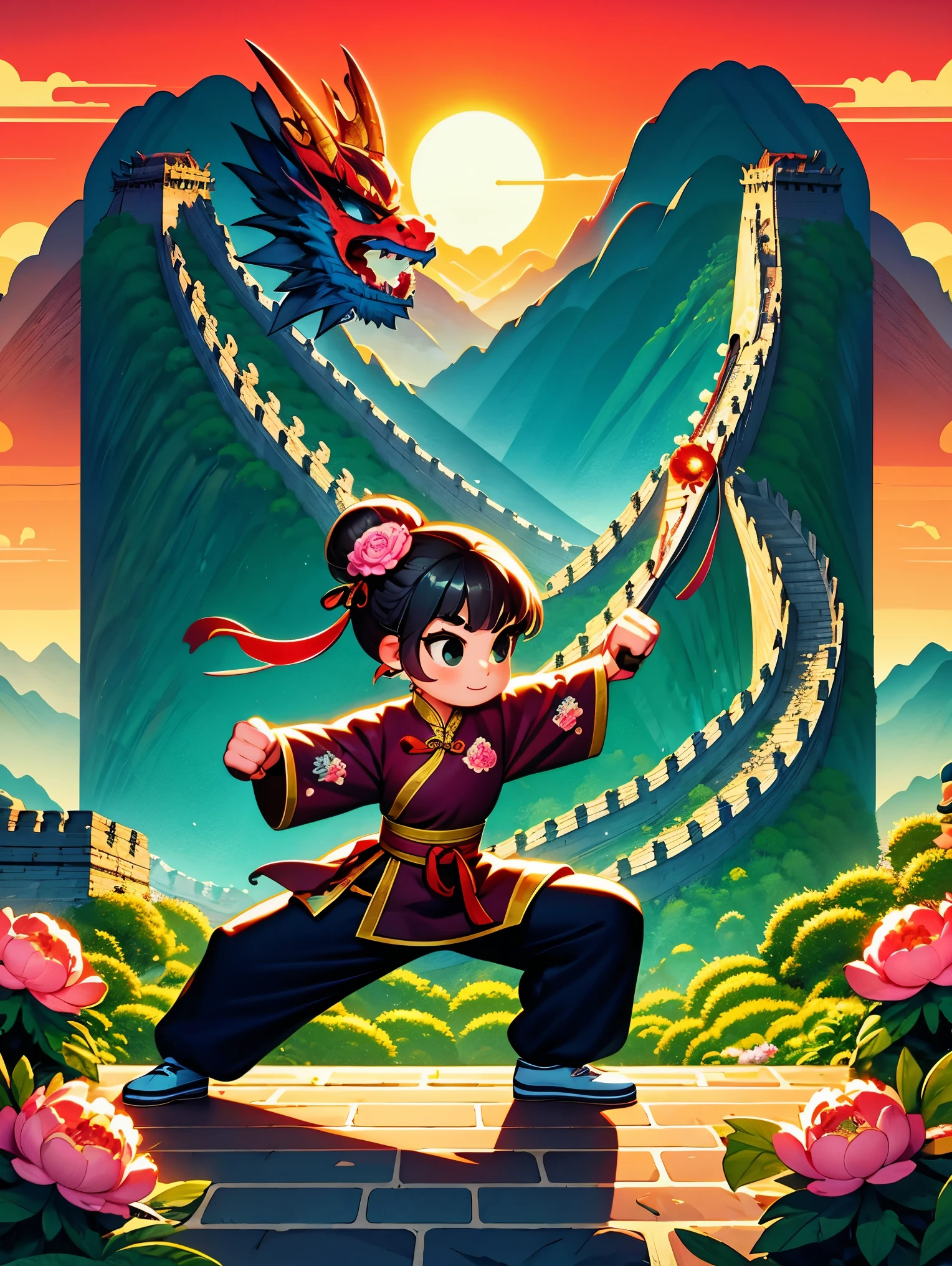 cute cartoon，中国martial arts，vector illustration，1boy，Great Wall，martial arts，Featuring peonies and waves，Training on an ancient city wall，The background is the setting sun。heroic posture，Fists clenched，Prepare for the attack。His clothes are full of energy，Decorated with dragon pattern，Symbolizes strength and wisdom。The ancient walled environment is depicted with exceptional accuracy，Includes watchtower and craggy stone textures，Surrounded by mountains in the distance，(UHD, anatomically correct, masterpiece, ccurate, best quality, 8k), Vector martial arts illustration