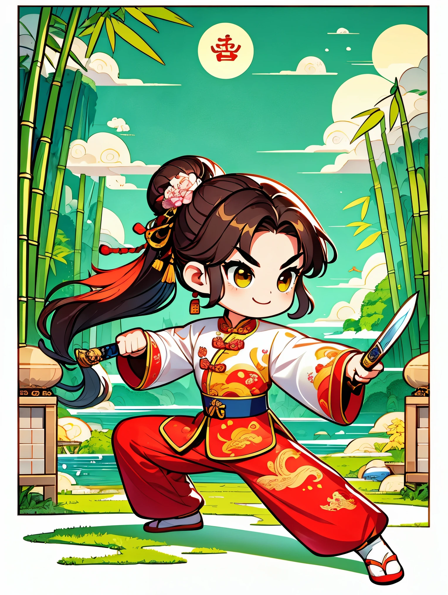 Imagine a vector illustration with a Chinese martial arts theme, rendered in a cute, cartoonish style. A young martial arts hero stands amid ancient Chinese landscapes, his posture light and graceful, with a smile on his face, holding an exquisite short sword. The hero is dressed in bright, uniquely designed traditional attire, embroidered with dragons and phoenixes to showcase rich Chinese cultural elements. The surroundings feature vividly drawn landscapes, with a few elegant clouds and one or two green bamboo trees, adding a fresh and natural vibe to the scene. The whole setting retains the mystery of martial arts stories while integrating modern, cute cartoon elements, making the scene both traditional and fun，(UHD, anatomically correct, masterpiece, ccurate, best quality, 8k), Vector martial arts illustration