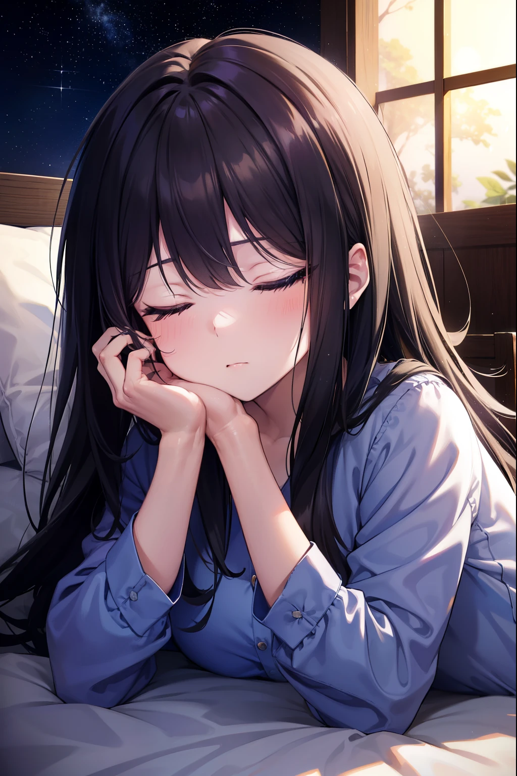 Takiuchi Kame, , long hair, bangs,  black hair, sleeping with both eyes closed,
windows，romantic starry sky，A meteor crosses,Blue Pajamas,black short pajama pants,,sleeping in bed,night,sleep with your head on the pillow,Sleeping lying on your back in bed,dark room,night, Moonlight destroys indoors, destroy the bedroom (masterpiece:1.2), highest quality, High resolution, unity 8k wallpaper, (figure:0.8),, highly detailed face, perfect lighting, Very detailed CG, (perfect hands, perfect anatomy),