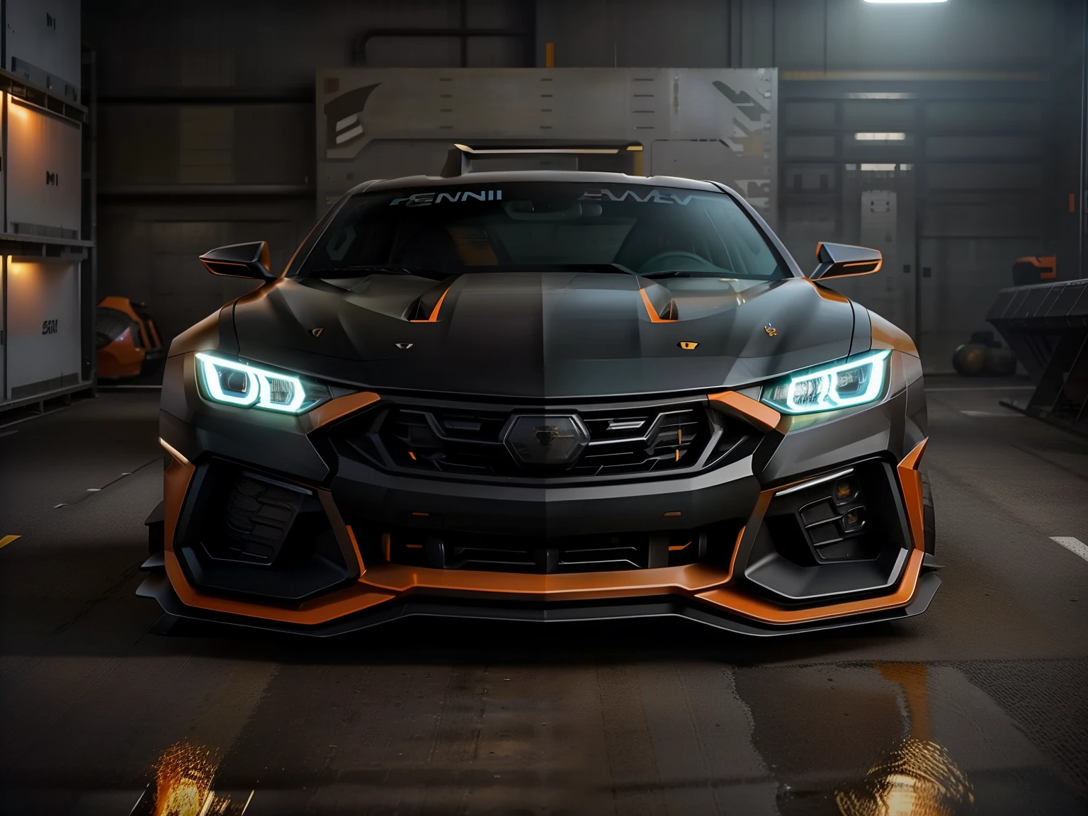 a close up of a black and orange truck on a gray background, trending on vehicle design, car concept, concept car design, concept car, the ugliest car in the world, modern car design, car design, car concept art, concept style, vehicle design, concept design, concept automobile design, futuristic design, realistic concept, vehicle concept photo!!, futuristic product car shot, combine El Camino Lamborghini chevy gto and gmc cyclone, large hood scoop, bright orange paint 