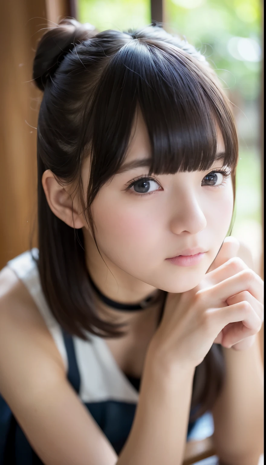 (Raw photo、highest quality)、(realistic、Photoreal:1.3)、highest quality、masterpiece、very delicate and beautiful、A hvery detailed、nffsw、sense of oneness、2k wallpaper、grow、Beautiful in every detail、masterpiece、smile、highest quality、Hvery detailed ticker Unity 8K wallpapers、huge file size、super detailed、High resolution、very detailed、1 female、、Because I'm slender、Slender、(black leotard top:0.7)、(dark blue pleated skirt:1.2)、(bun hair)、(brown haired)、looking at the viewer、small、、cup、close up of face、NSFW、、、、pure face_v1:0.8 short hair、